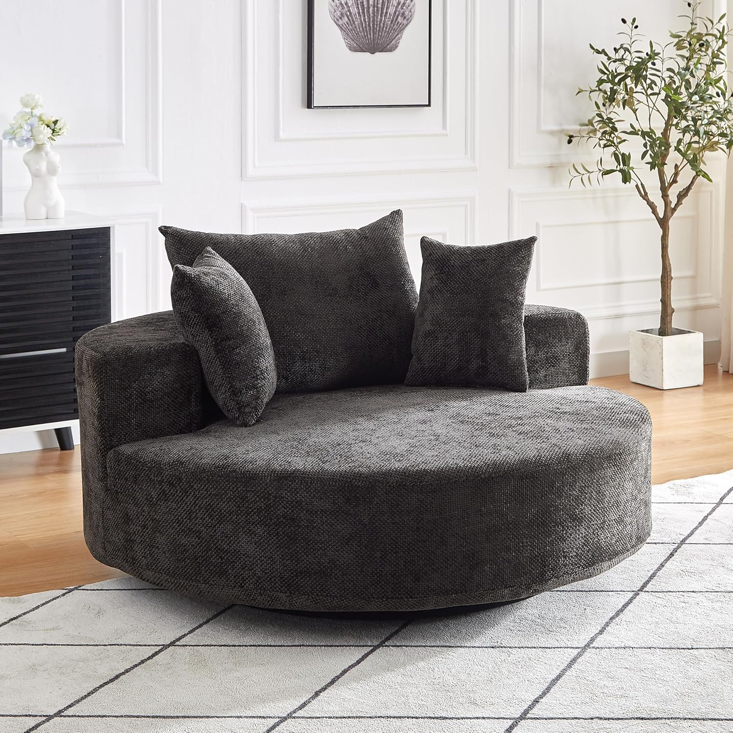 55 Inch Single Seat Swivel Sofa Chair,Fluffy Modern Sleeper Couch Bed,Chenille Fabric Couches with 3 Pillows,Modern Deep Seat Sofas for Home Living Room Office Hotel Apartment