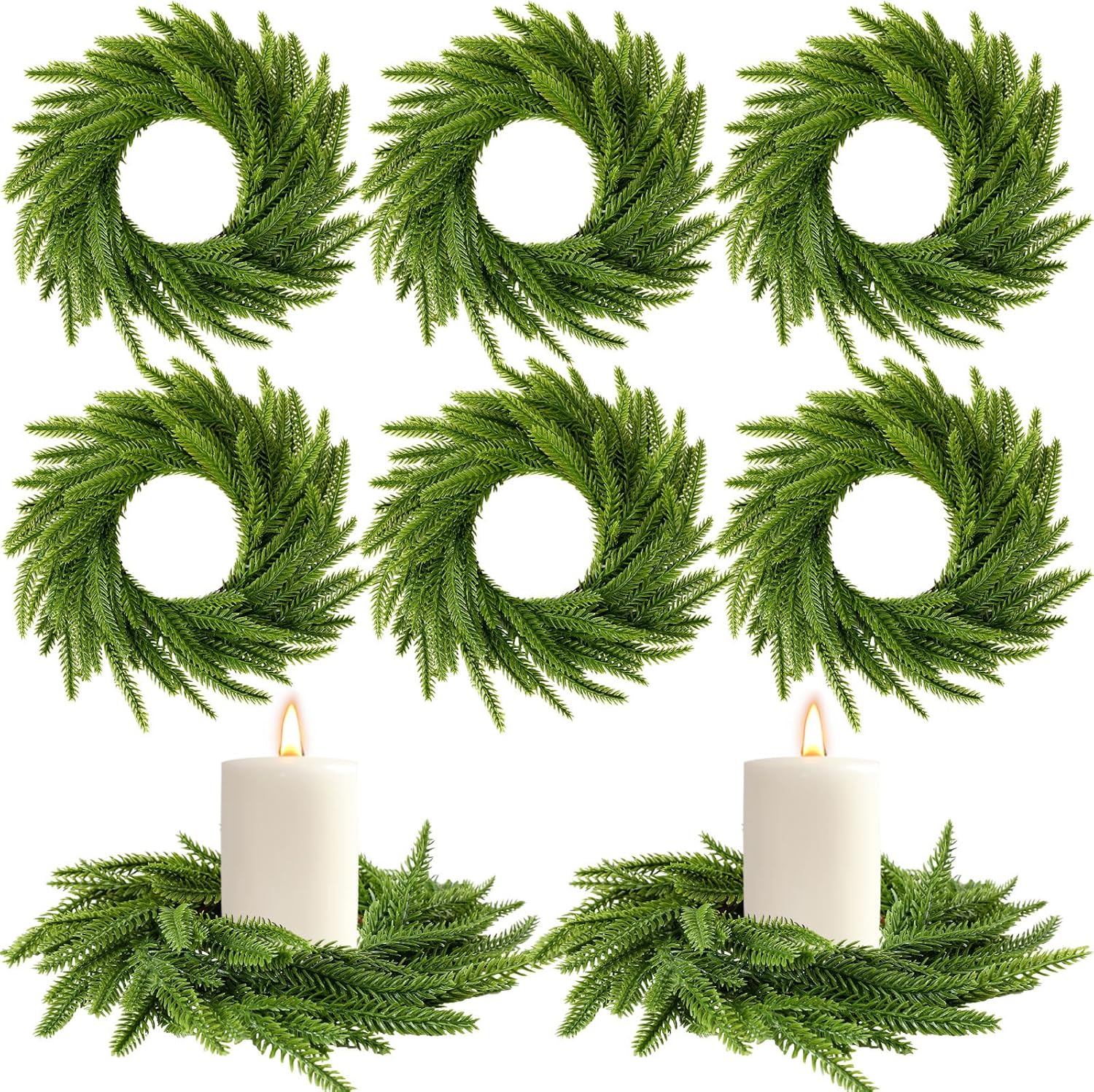 Dingion 18 Pcs Norfolk Pine Wreath Candle Ring Wreath 6 Inch Artificial Pillars Wedding Candle Wreaths Green Pine Candle Ring Ornament for Christmas Farmhouse Table Decoration Xmas Table Centerpiece