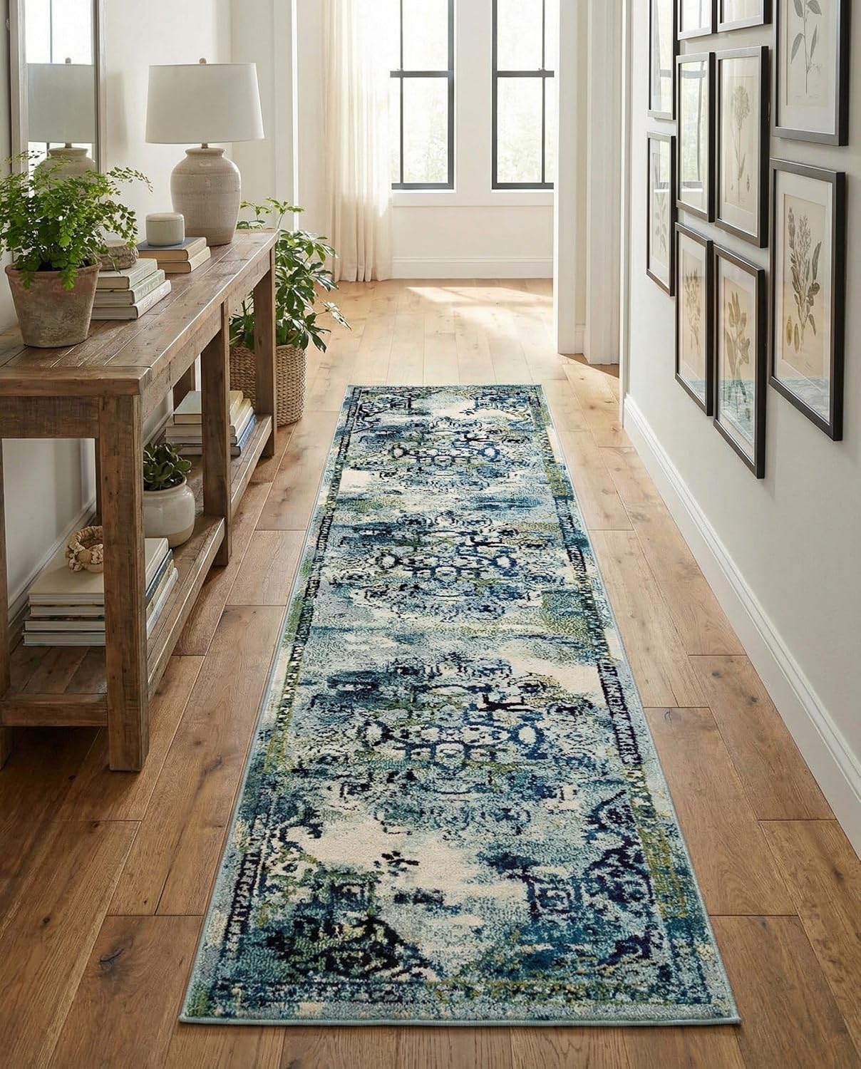 Rugs.com Fleur Collection Rug – 10 Ft Runner Blue Medium-Pile Rug Perfect for Hallways, Entryways