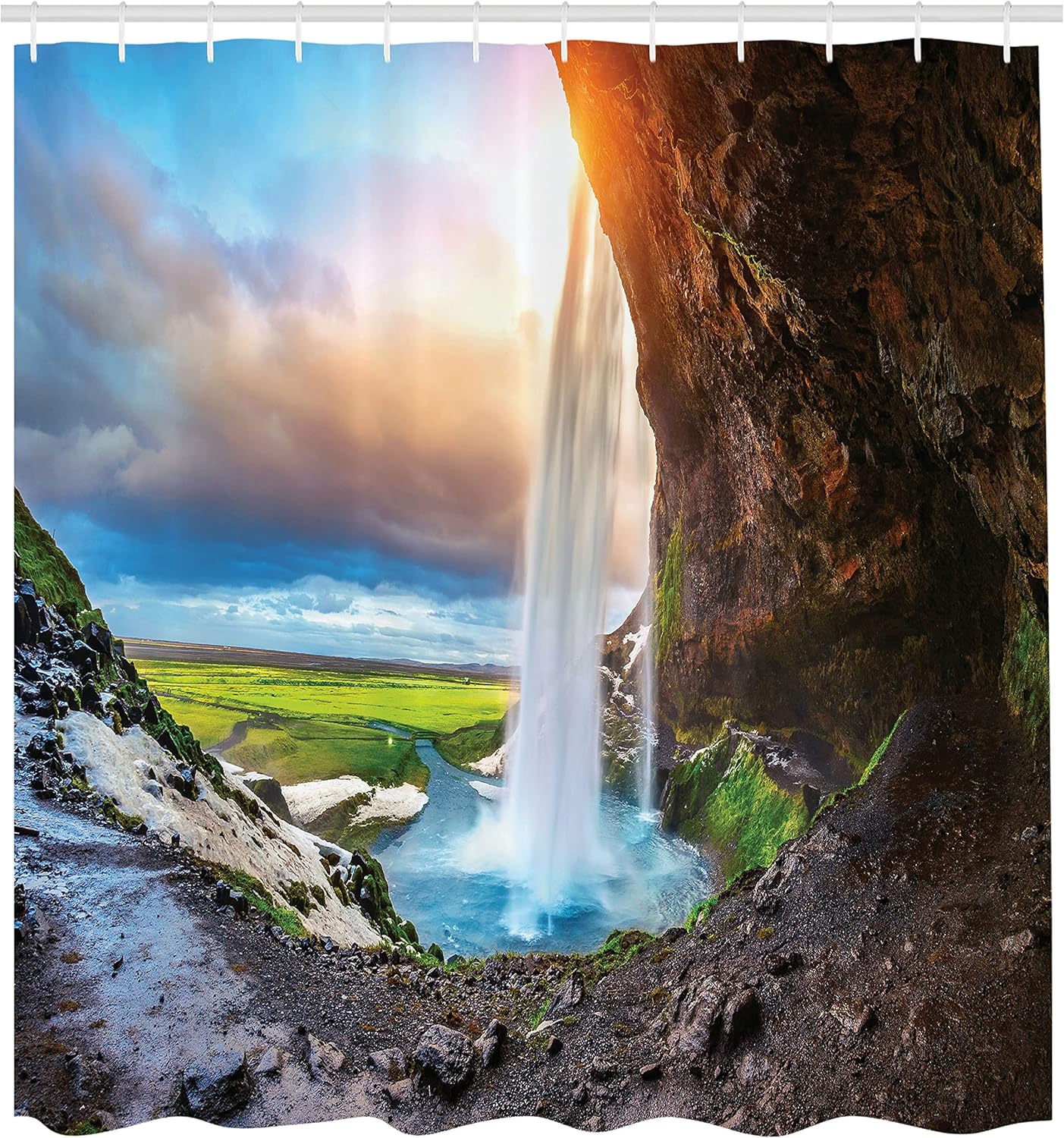 Ambesonne Iceland Shower Curtain, Seljalandsfoss Waterfall During Sunset Scenery Cloudscape Wilderness, Cloth Fabric Bathroom Decor Set with Hooks, 69" W x 70" L, Blue Orange Green