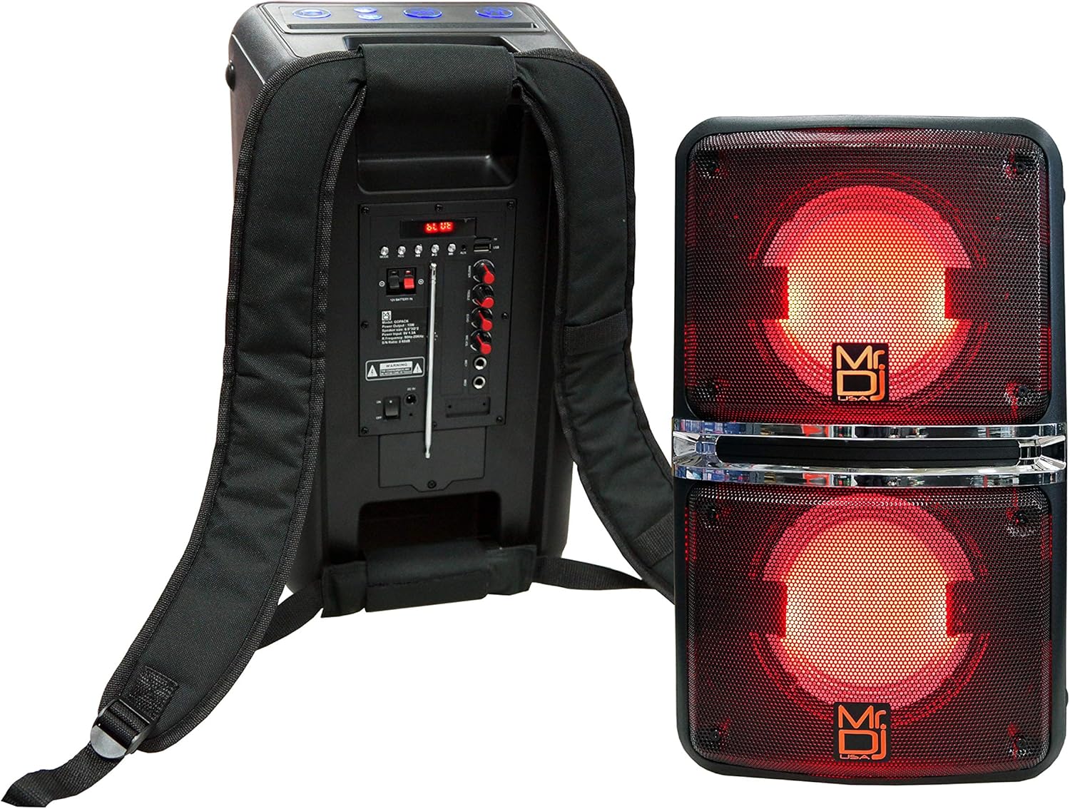 Mr. Dj GO PACK Dual 6.5" Portable Outdoor Speaker BUILT-IN Bluetooth, USB/Micro SD Card Reader, with Rechargeable Battery & LED Accent Lighting 1200W P.M.P.O