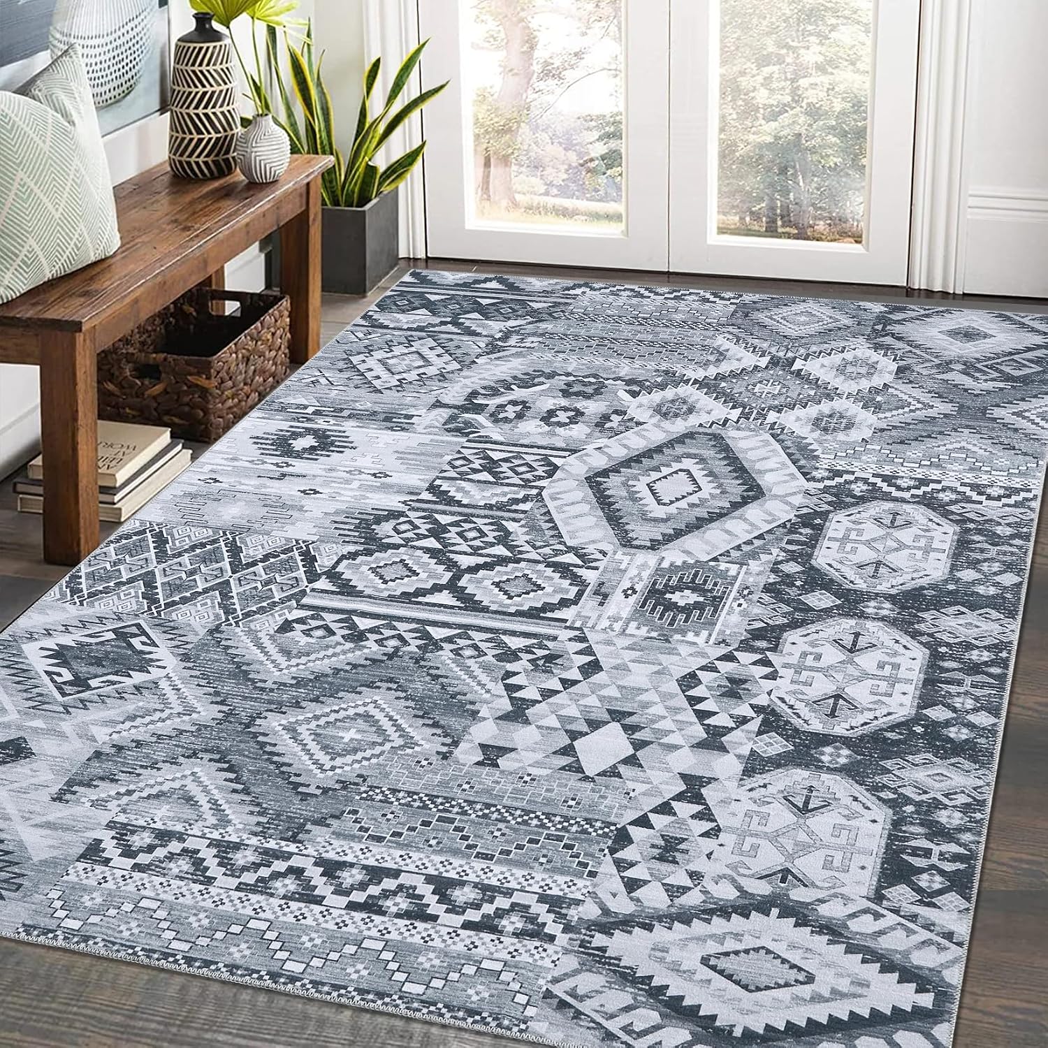 COZYLOOM Boho Rug Living Room Rug 5x7 Large Area Rug Ultra-Thin Low Pile Vintage Rug Machine Washable Area Rugs for Bedroom Non-Slip Non-Shedding Foldable Carpet for Dining Room Kitchen Office Grey
