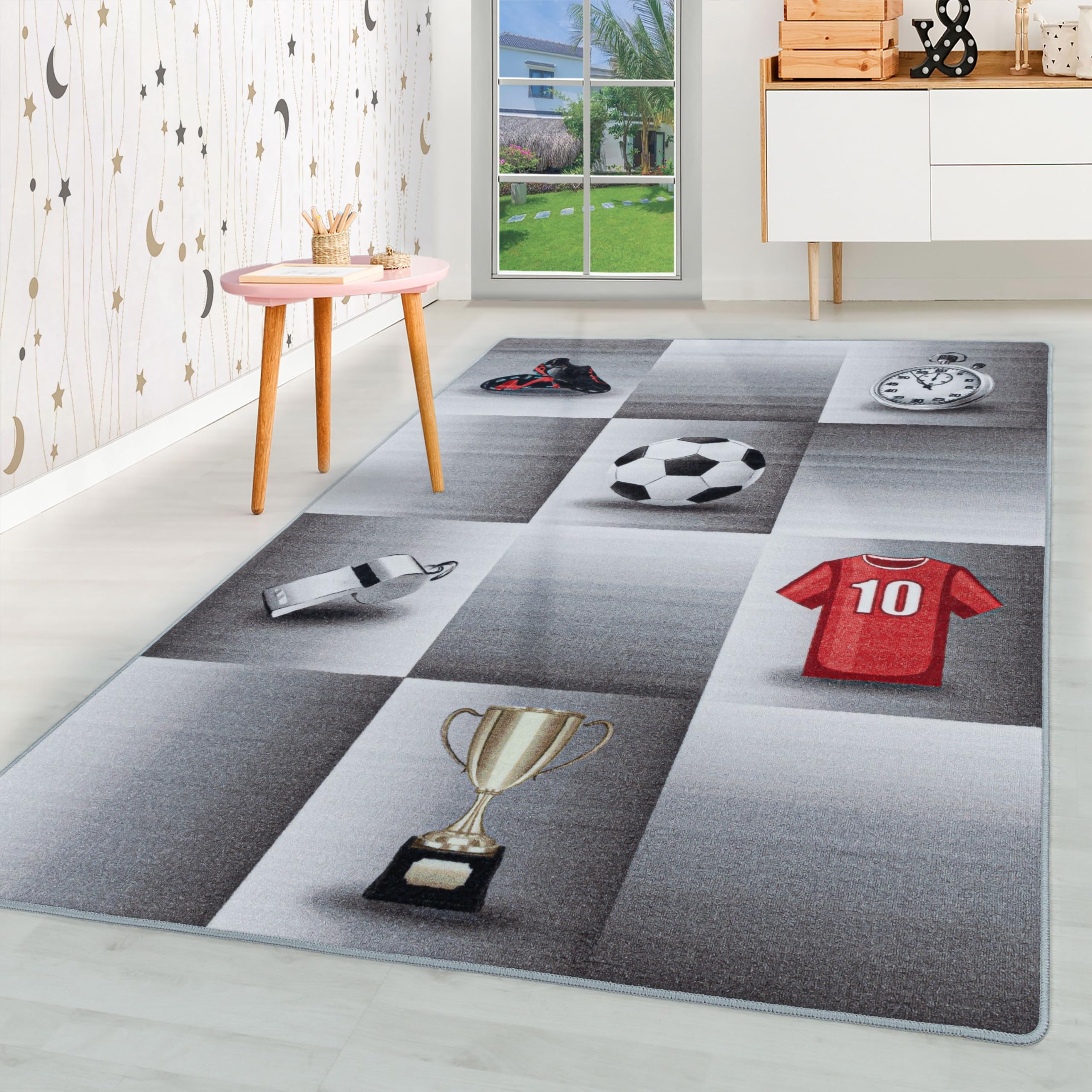 HomebyHome Alfombra para niños Pila Corta Diseño de la Copa de la Camiseta de fútbol Habitación de los niños de los bebés Suave y Lavable Rectangular Chico Gris, Color:Gris, Tamaño:160x230 cm