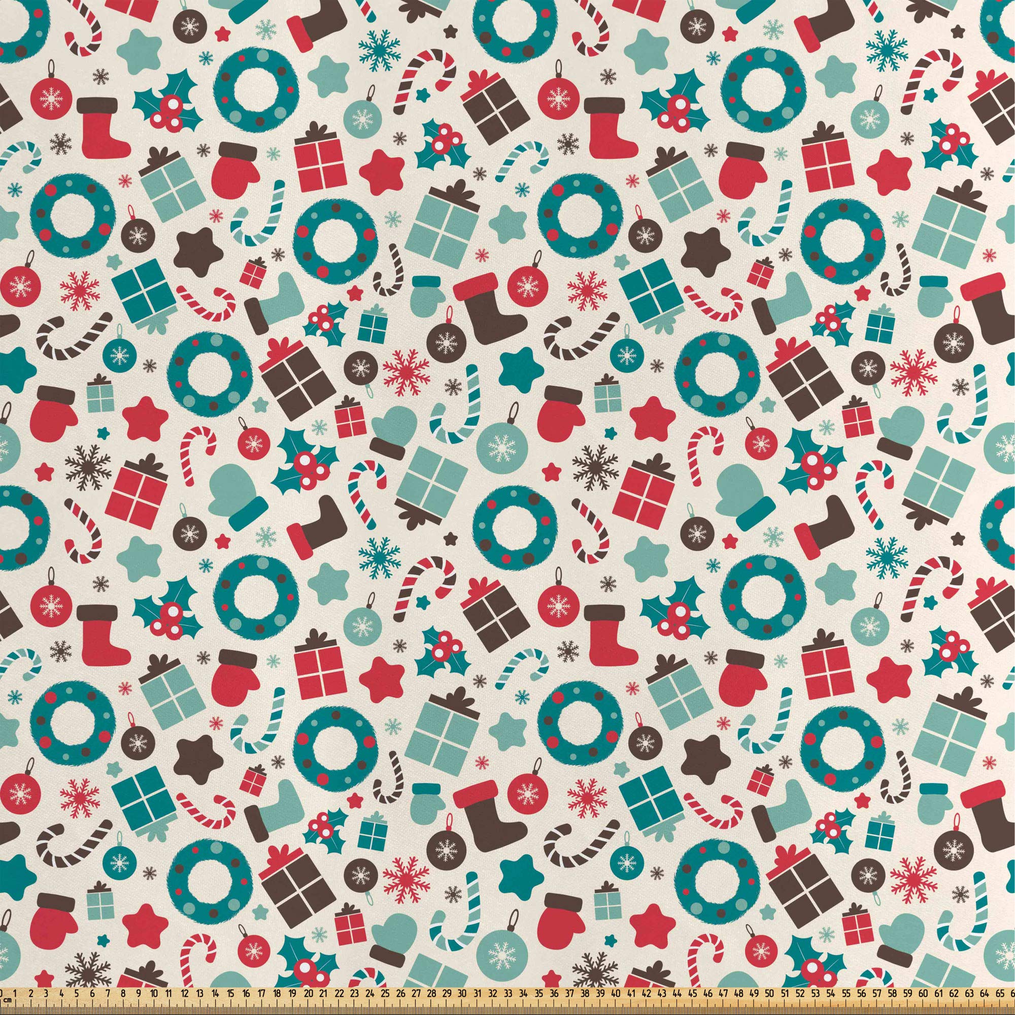 ABAKUHAUS Christmas Fabric by The Yard, Retro Style Traditional New Year Party Holly Wreath Socks, Fabric for Upholstery and Home Decor Accents,10M (148x1000cm), Teal Dark Coral Dark Brown