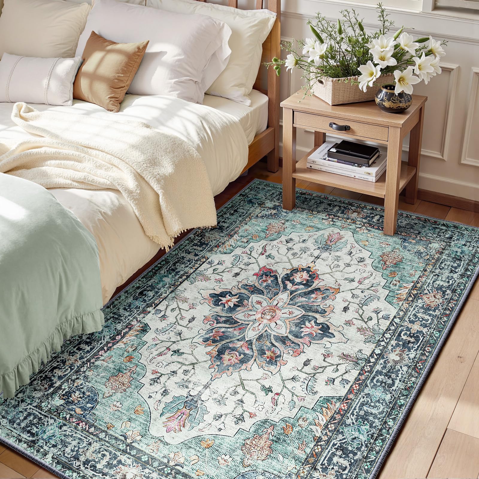 RELEANY Area Rugs 3'x5' Washable Non-Slip, Floral Vintage Distress Print Pattern Medallion Carpet for Living Room Bedroom Dining Room, Green Navy Blue