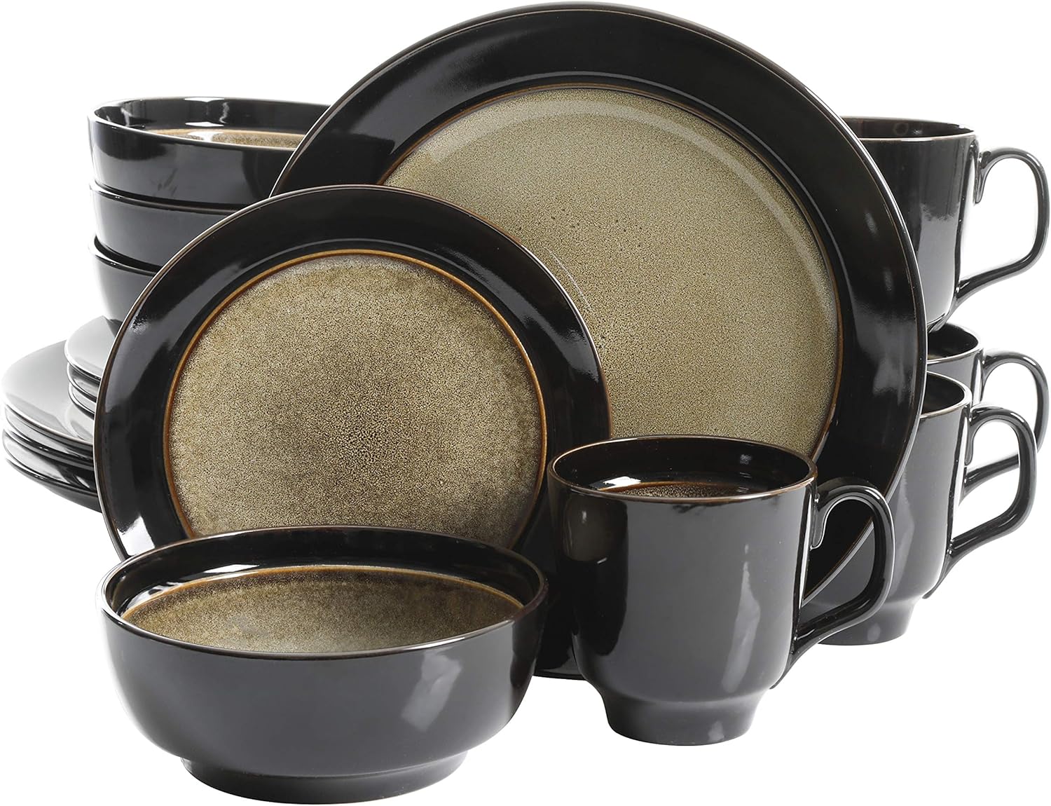 Exclusive Discount 60% Price Gibson Elite Bella Galleria Round Reactive Glaze Stoneware Dinnerware Set, Service for 4 (16pcs), Taupe/Black