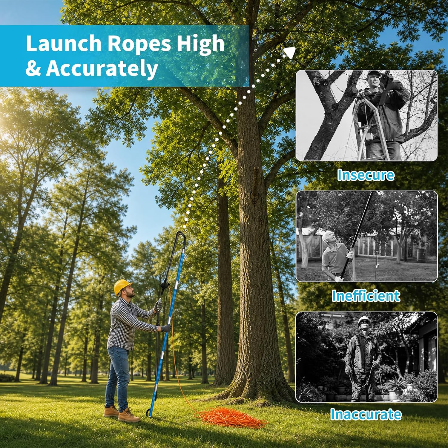 Trigger Tree Launcher with Lightweight Aluminum Pole,150FT Rope & Throw Bag | Arborist Throw Line Launcher Kit with Trigger, Fiberglass Pole for Tree Work, Rigging, Climbing and Precise Rope Placement