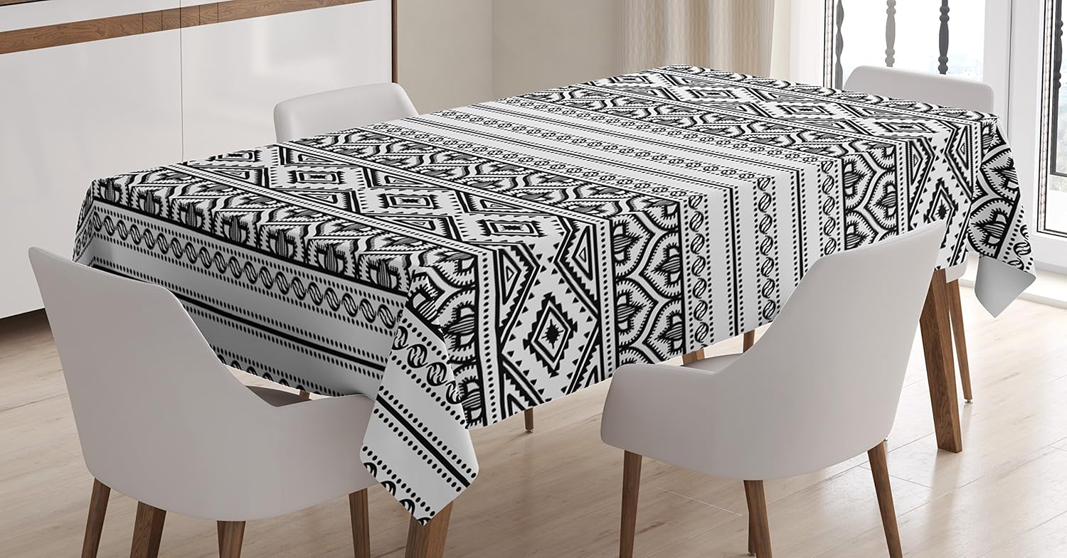 Ambesonne Ethnic Tablecloth, Oriental Moroccan Round Style Lines Dots Geometric Shapes Artwork, Rectangular Table Cover for Dining Room Kitchen Decor, 60" X 90", White Grey 60" X 90" White Grey