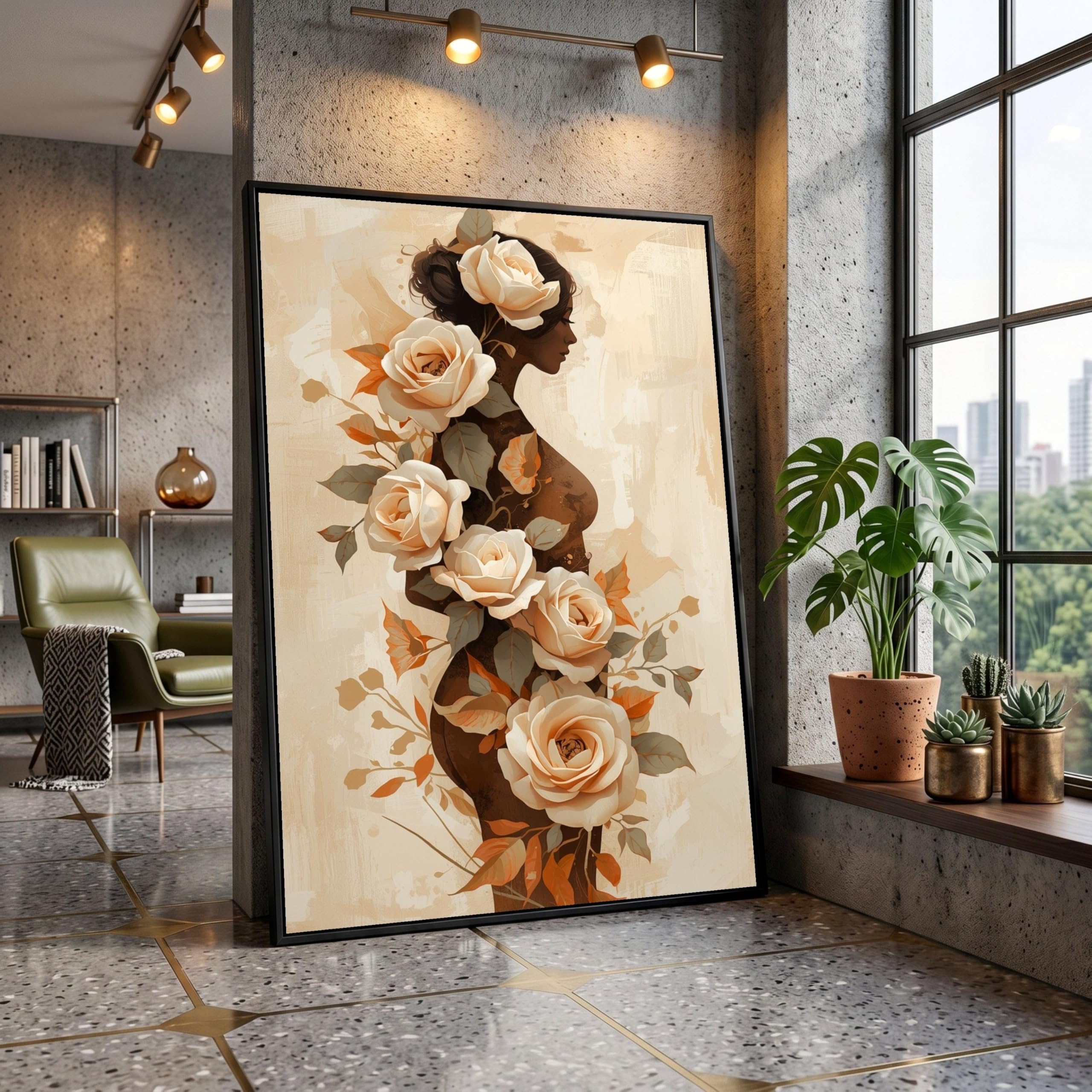 LMYCHENG Elegant Woman Silhouette Canvas Oil Painting, Floral Wall Art, Rose Bouquet Posters and Prints, Botanical Mural(50x70cm/Internal Frame)