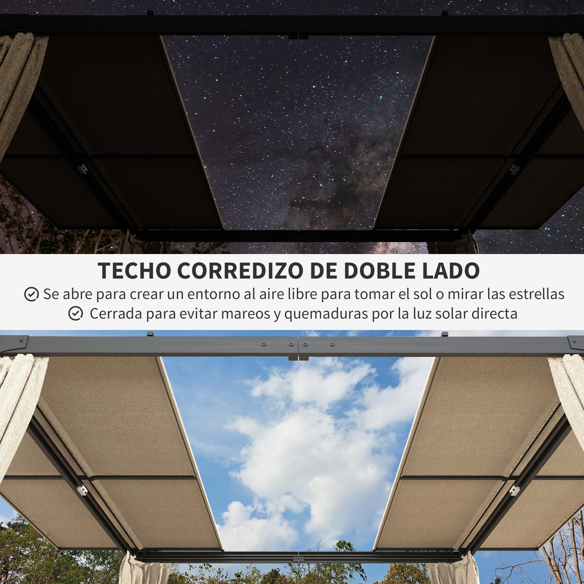 Outsunny Pérgola de Aluminio 4,2x3 m con Techo Corredizo Beige y Negro | Cenador de Jardín, Gazebo, 4 Paredes Laterales, Orificios de Drenaje, Pabellón para Patio Terraza