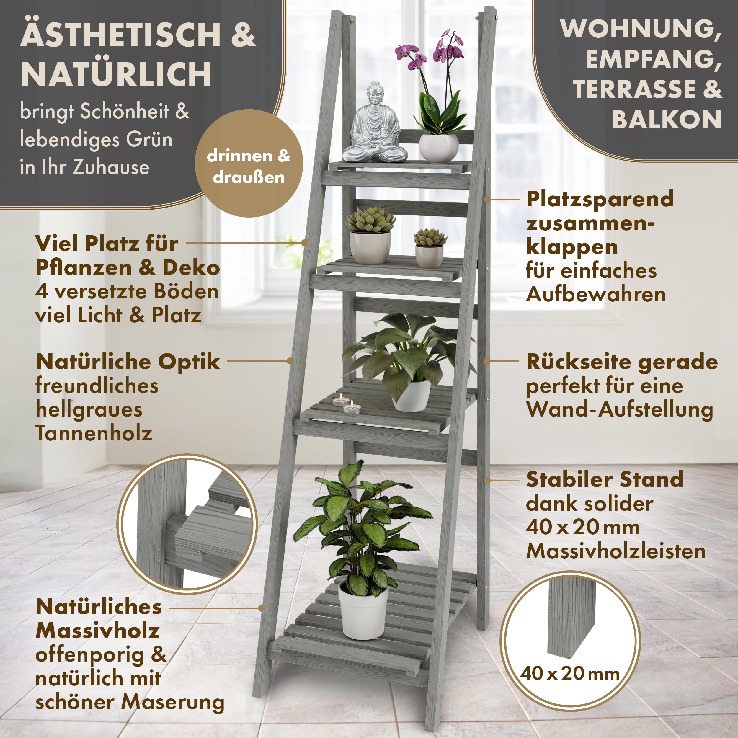 Blumenleiter 160cm Flower Ladder L 160x41x50cm hellgrau 4-Stufen - | Holz Leiterregal Blumentreppe Blumenregal Pflanzentreppe Kräuterregal für innen & draußen Balkon Terrasse Outdoor klappbar