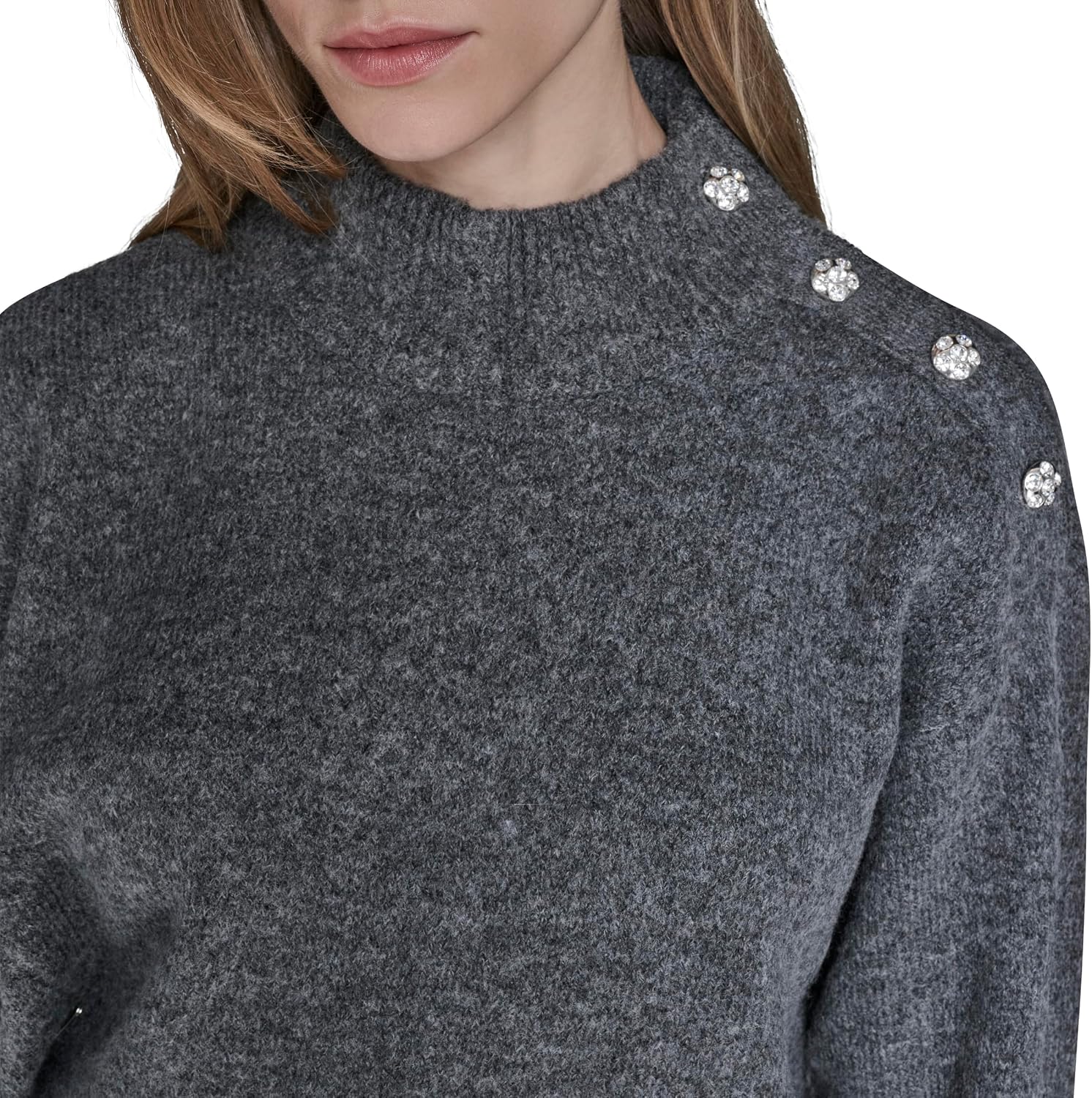Karl Lagerfeld Women's Long Sleeve Mock Neck Crystal Button Sweater