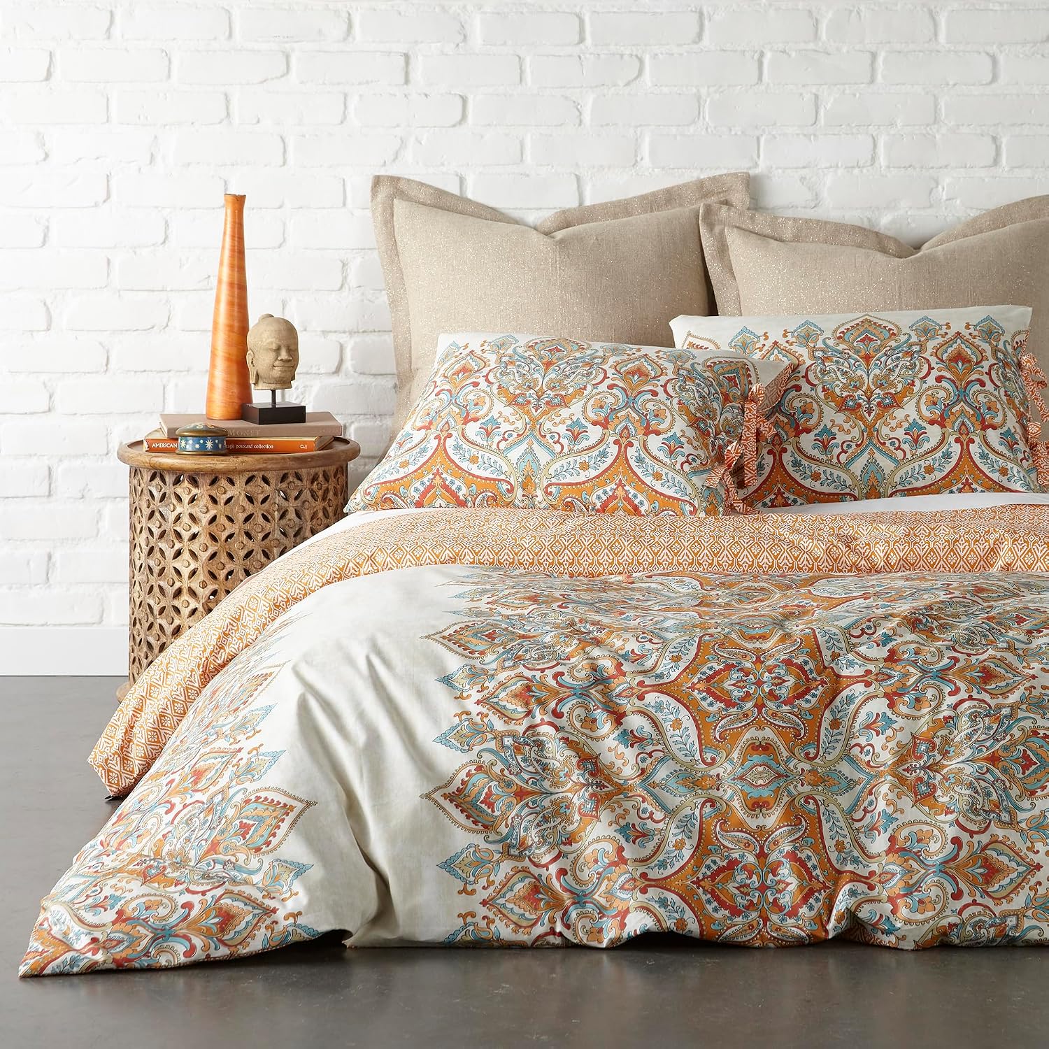 Levtex Home Emile Queen Duvet Set, Medalion, 100% Cotton, Beige, Orange