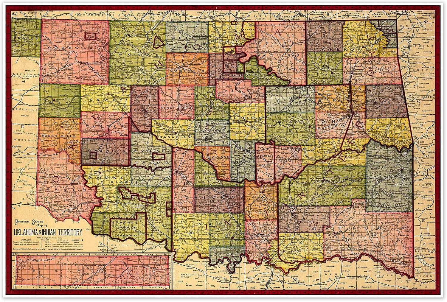 Antiguos Maps Premier Series Oklahoma and Indian Territory circa 1905 | Art Print Poster Vintage Wall Decor | 24 x 36 inches (610 x 915 mm)