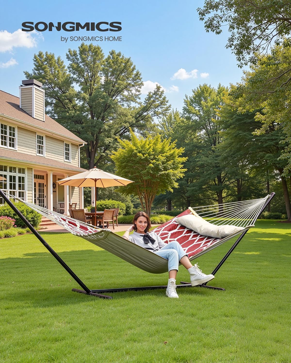 SONGMICS Hammock, Quilted Double Hammock with Padded Pillow, 78.7 x 55.1 Inches, 495 lb Weight Capacity, Portable for Outdoor Relaxation, Garden, Patio, and Camping, Red UGDC034R02V1
