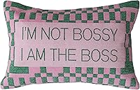 Creative Co-Op 'I'm Not Bossy, I am the Boss' Cotton Velvet Embroidered Lumbar Pillow, Pink Green Check Pattern Farmhouse Decor