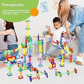 PicassoTiles 200pc Magnetic Marble Run Tiles Toy STEM Educational Race Track with Light Up Marbles Magnet Tile Building Blocks Maze Kit Sensory Pretend Play Toys for Toddlers Boys Girls Ages 3+ PTG200