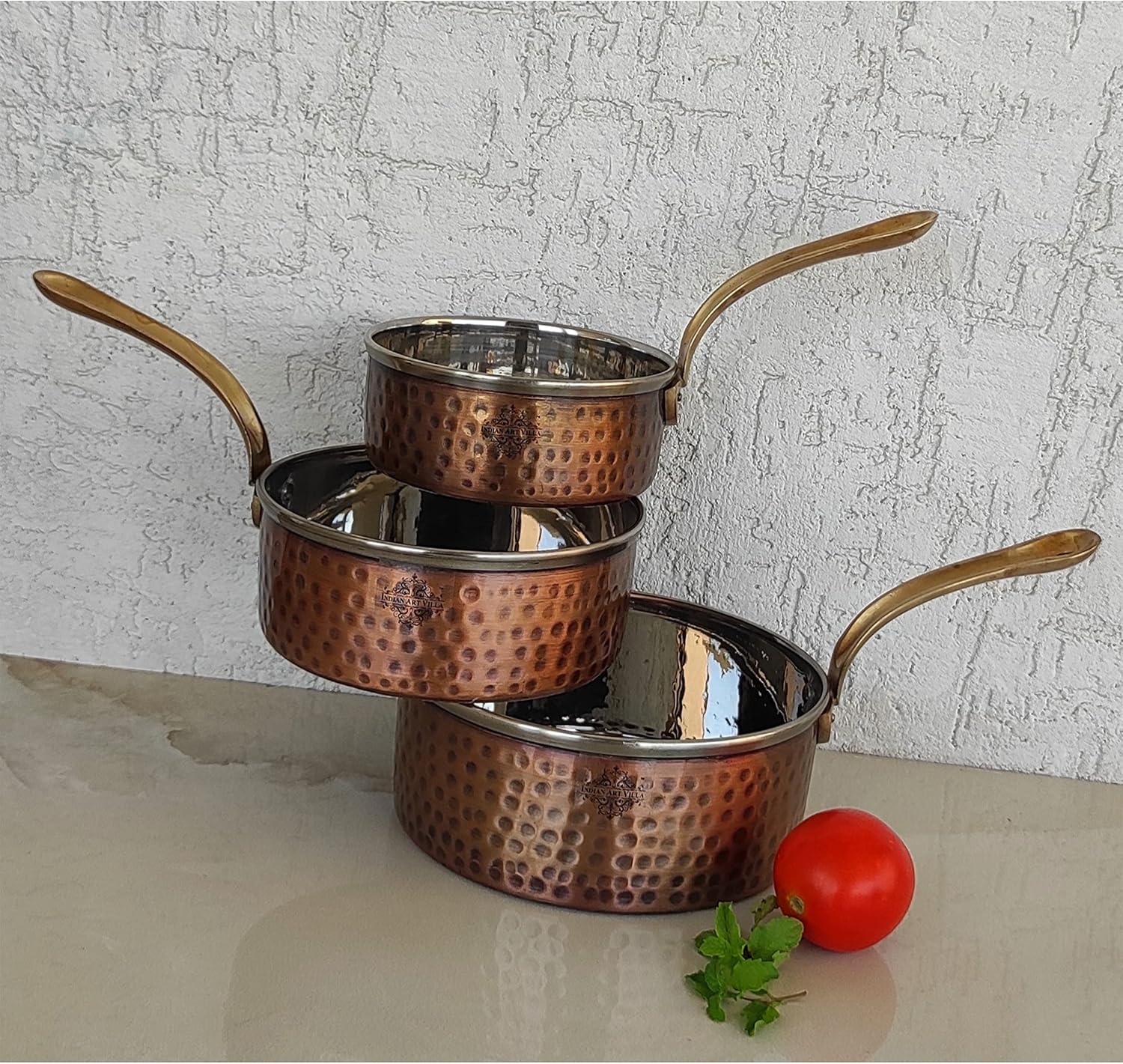 Indian Art Villa Steel Copper Antique Dark Tone Design Sauce Pan with Brass Handle, Serveware & Tableware, Hotel Restaurant, Diameter 4.5 Inch - Pack Of 2