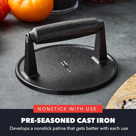 GreenPan x Bobby Flay Smash Burger Press, 6.5 Cast Iron Round Grill Press, Smashed Burgers, Heavy-Duty, Wood Handle, Cookouts & BBQ Tool for Juicy & Crispy Hamburgers Bacon Sandwich, Flat Top Griddle