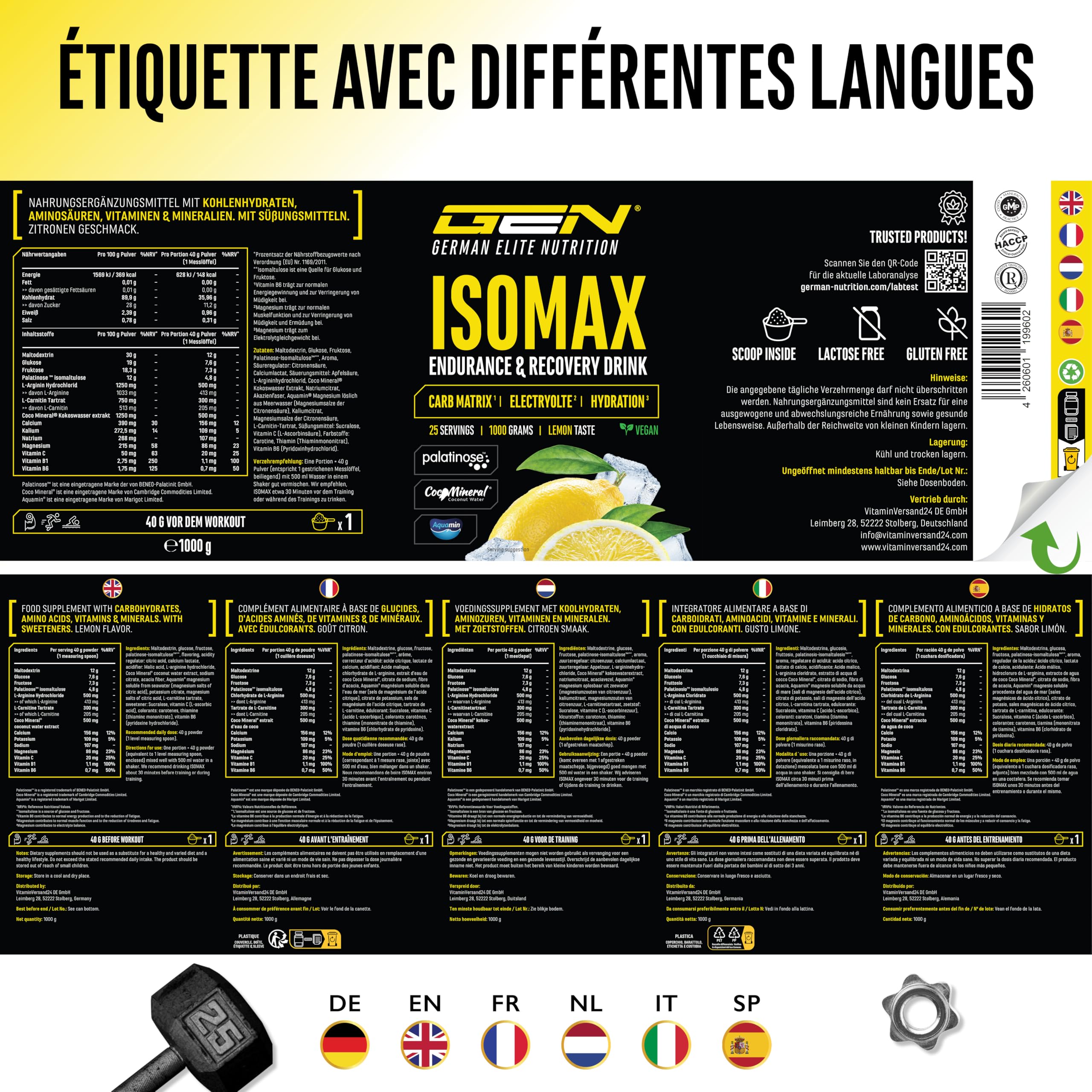 Isomax - 1000g de poudre pour boisson isotonique avec maltodextrine, glucose, eau de coco, acides aminés, électrolytes & vitamines - végétalien - avec Palatinose™, CocoMineral®, Aquamin® (citron)