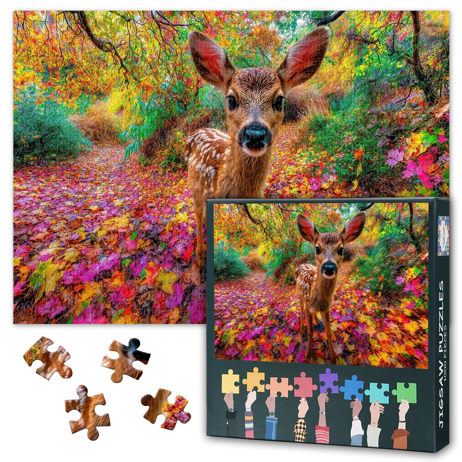 1000 Pieces Jigsaw Puzzles for Adults, Fawn Stands Autumn Foliage, 70 x 50 cm Eco-Friendly Recycled Material, Challenging Mindful Activity with Bonus Poster, Gift Idea for Puzzle Lovers