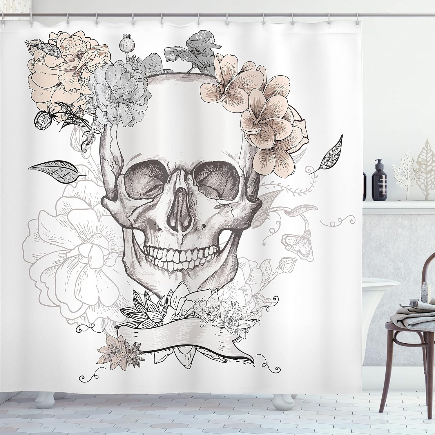 Ambesonne Grunge Shower Curtain, Skull and Flowers Day of The Dead Mexican Traditional Celebration Symbolic Art, Cloth Fabric Bathroom Decor Set with Hooks, 69" W x 75" L, Grey