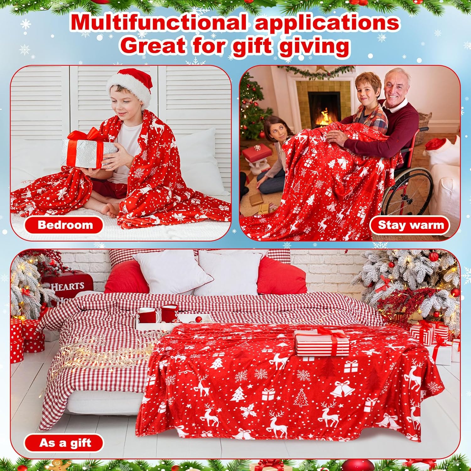10 Pack Christmas Throw Blanket Bulk 50 x 60 Inch Holiday Plush Christmas Reindeer Snowflake Winter Holiday Red Soft Cozy Fleece Blanket for Bedding Couch Chair for Xmas Homeless Gift(Cute) - Image 6
