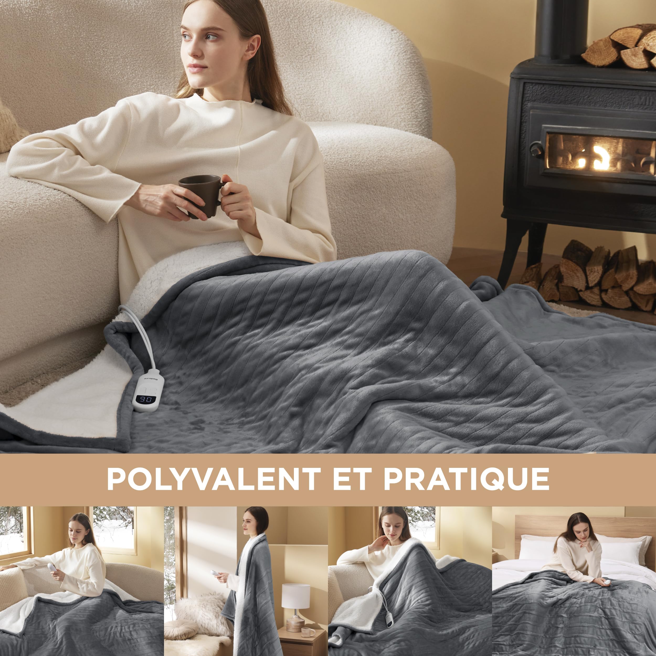 Bedsure Couverture chauffante 130x180 cm, arrêt Automatique, 6 Niveaux de Chaleur, minuterie 10h, Protection surchauffe 8h, Douce électrique pour Maison & Bureau, Gris