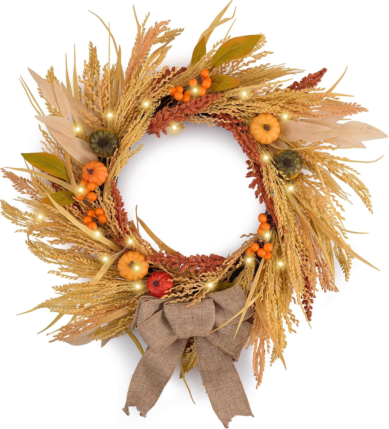 DecorbyHannah Fall Wreath for Front Door Outside, 24'' Collapsible Pre-Lit Rustic Farmhouse Autumn Harvest Door Wreath with Pumpkin Wheat Burlap Bow, Outdoor Fall Decorations for Home Mantel Porch