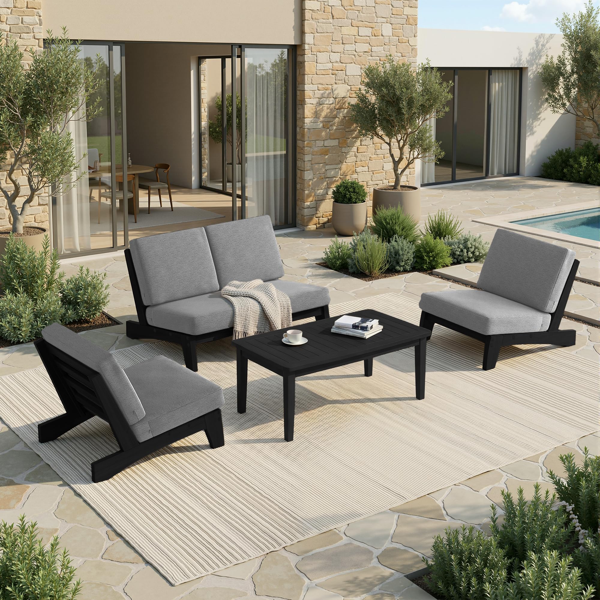 Pia Ricoo 4 Piece Patio Furniture Sets, Outdoor Loveseat Sofa Set with 2 Chairs &amp; Coffee Table, Patio Conversation Set for Backyard, Deck, Lawn, Gray, Dark Wood