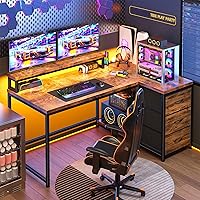 EnHomee 40 Inch L-Shaped Gaming Desk with 3 Drawers, Monitor Stand, Power Outlet & LED Lights - Rustic Brown Corner Desk