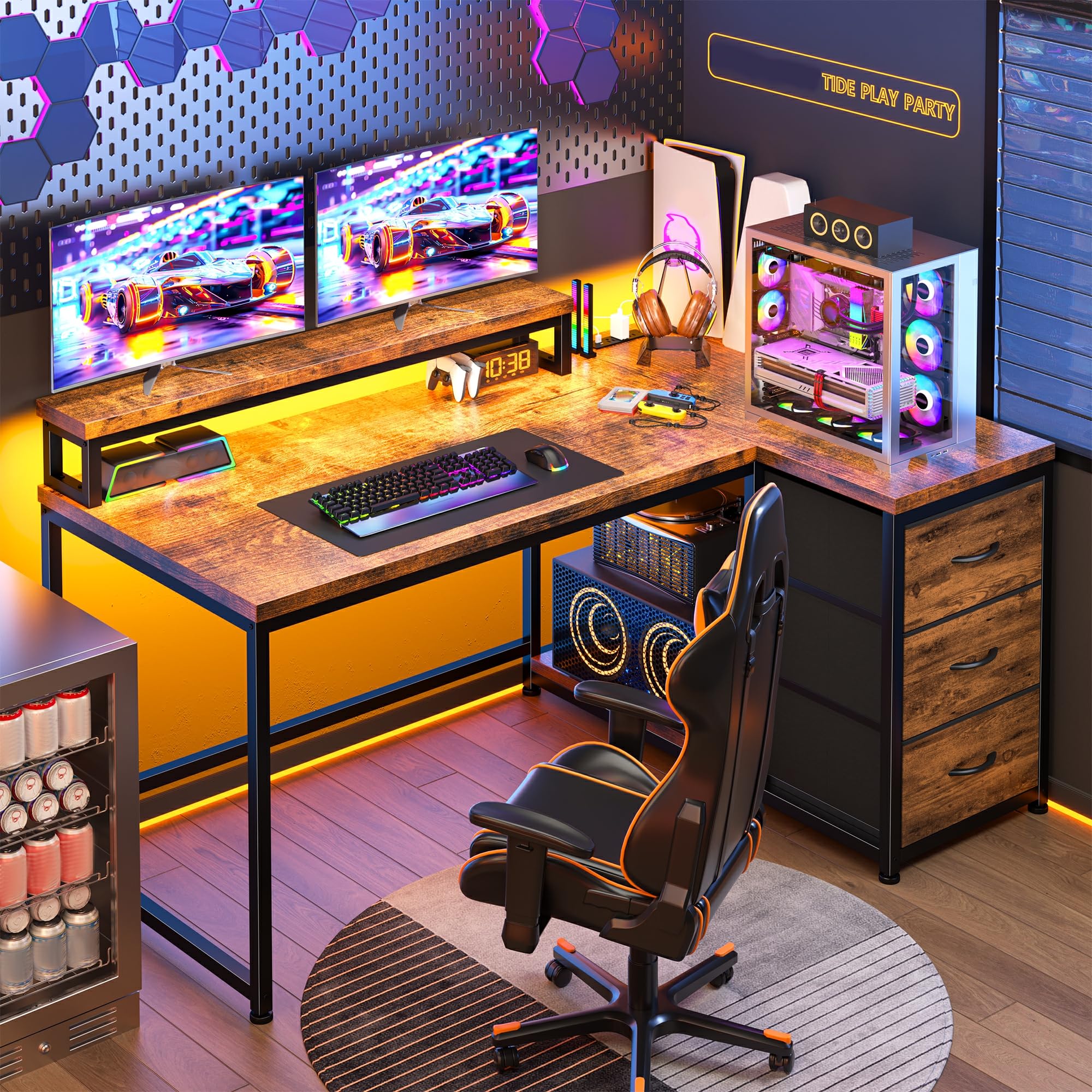 EnHomee L Shaped Desk with 3 Drawers, 40 Inch Small Desk with Monitor Stand, Gaming Desk with Power Outlet, Computer Corner Desk with LED Lights for