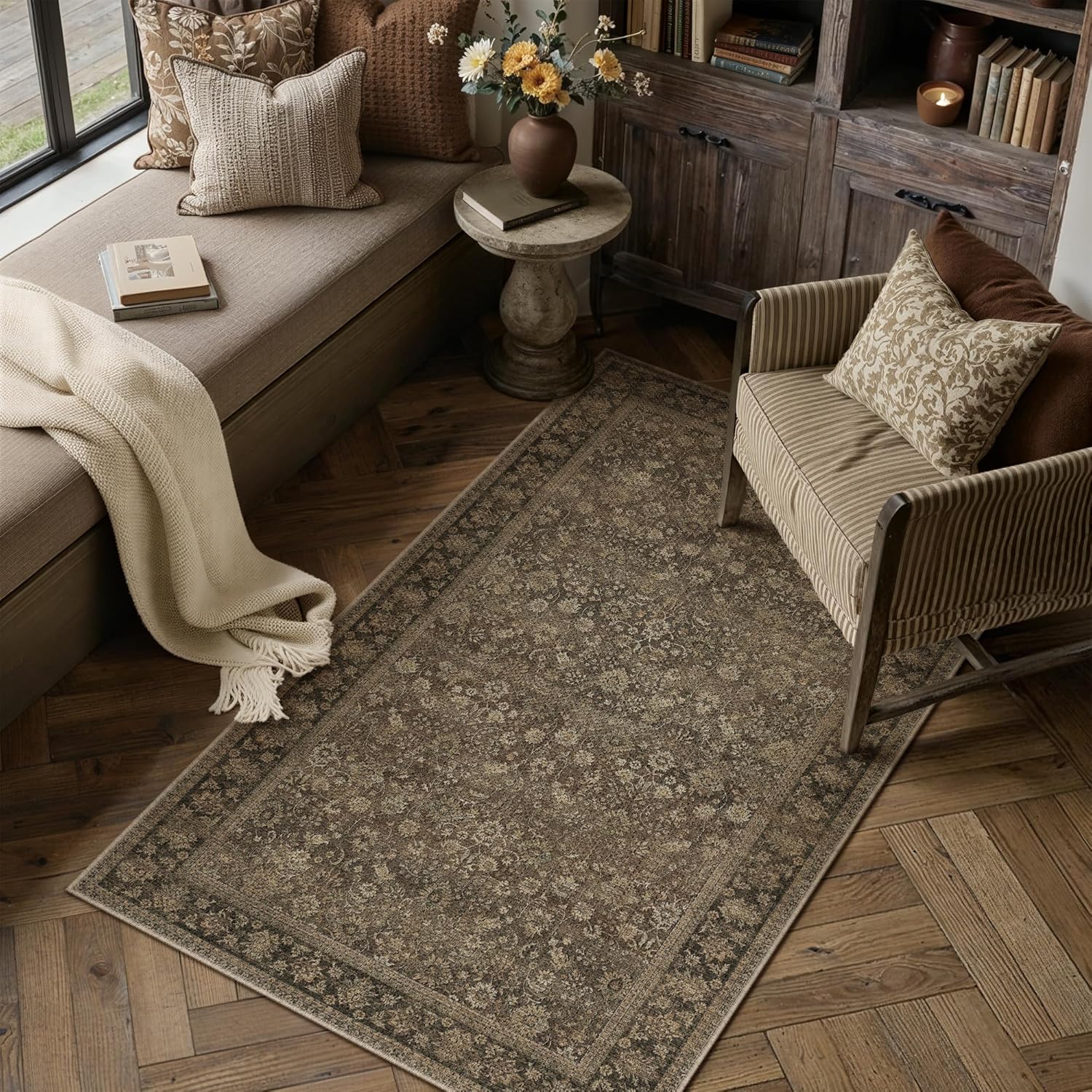HUGEAR 3x5 Indoor/Outdoor Rug Brown Linen-Look Fabric Vintage Area Rug High Traffic Stain Resistant Easy Clean Durable Rugs for Living Kitchen Patio Deck Balcony Porch Garden Courtyard