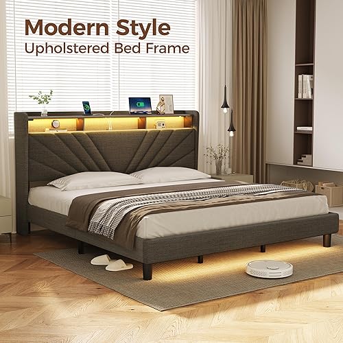 Miniatura 7 de Rolanstar Base de cama tamaño King, cabecera de almacenamiento con estación de carga y luces LED, cama tapizada con listones de madera resistentes,