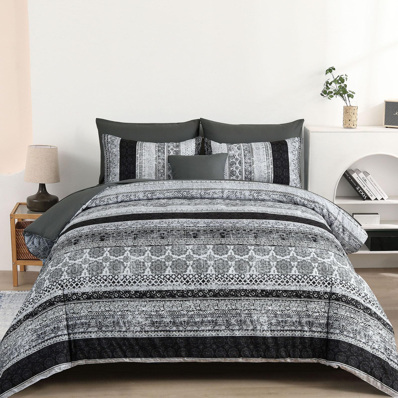 Cottolester Boho King Size Comforter Set 8 Pieces,Gray Bohemian Striped Bed in a Bag,Floral Soft Microfiber Bedding Comforter Set