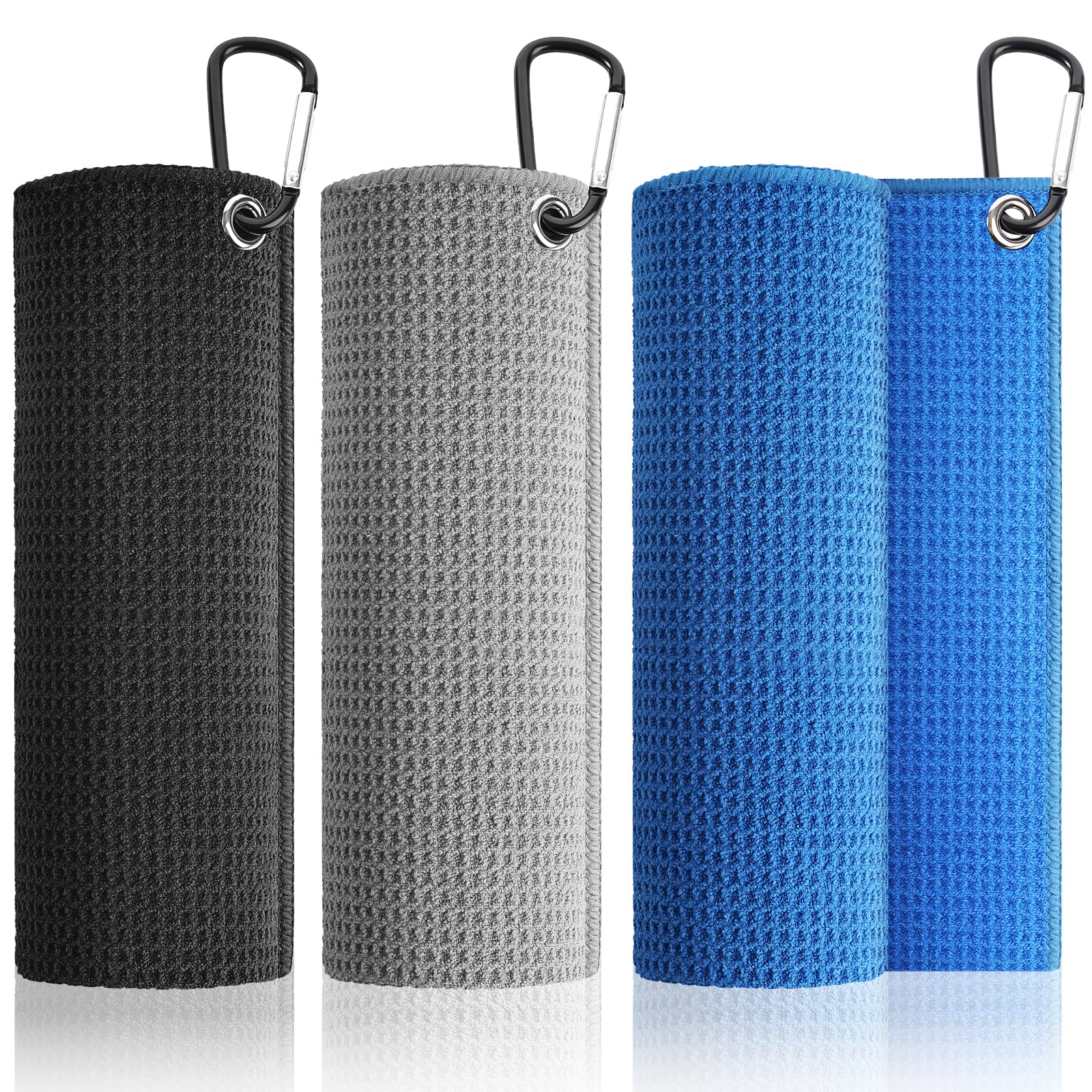 Paquete de 3 toallas de golf de microfibra, con patrón de gofre, para bolsas de golf para hombres (16 x 16 pulgadas) con clip de mosquetón (gris, azul, negro)