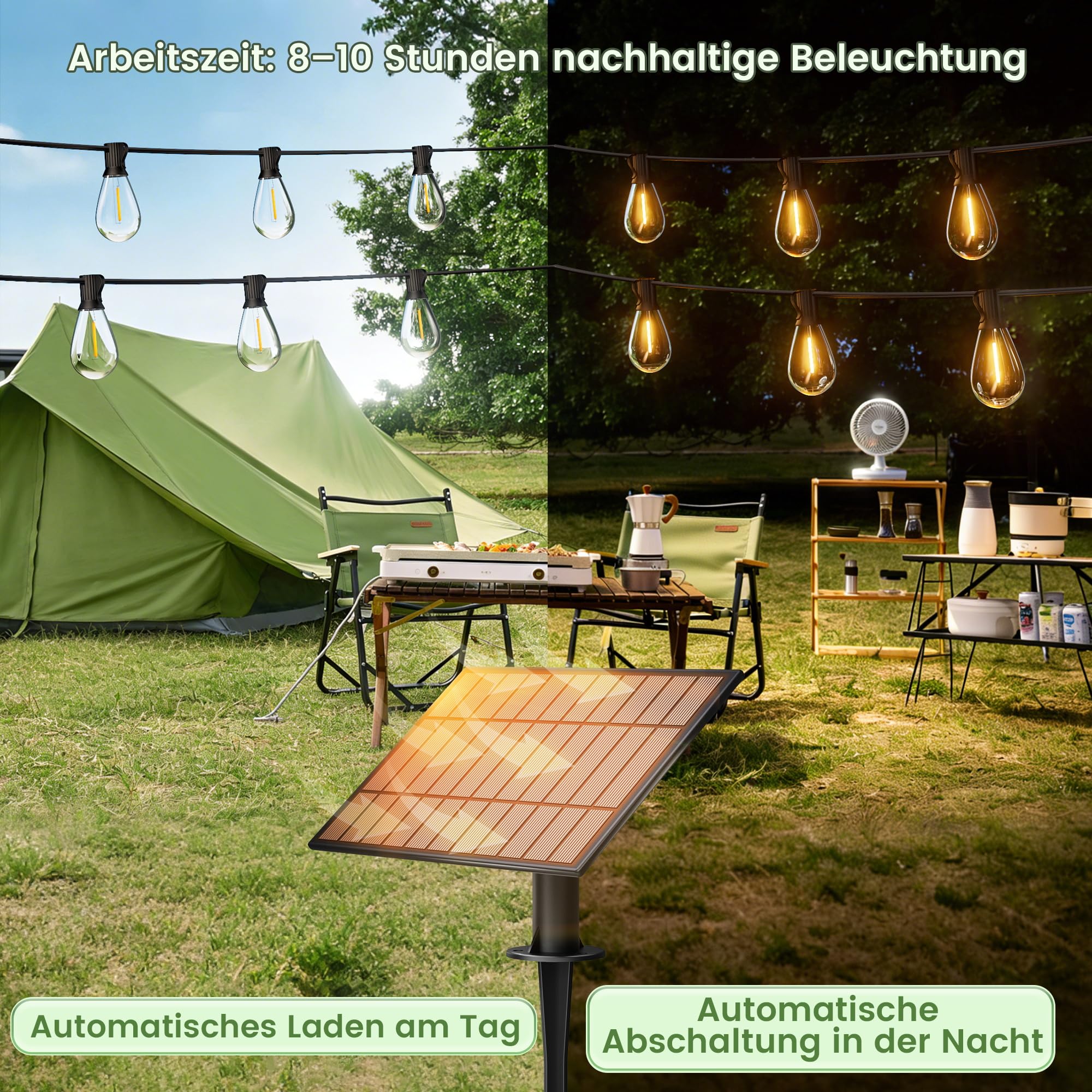 OHLUX 45m Solar-Lichterkette für den Außenbereich mit Fernbedienung, USB, Timer, 62 bruchsicheren LEDs, 2200K warmweiß, dimmbar, IP65 wasserdicht für Terrasse, Garten, Party, Hochzeit