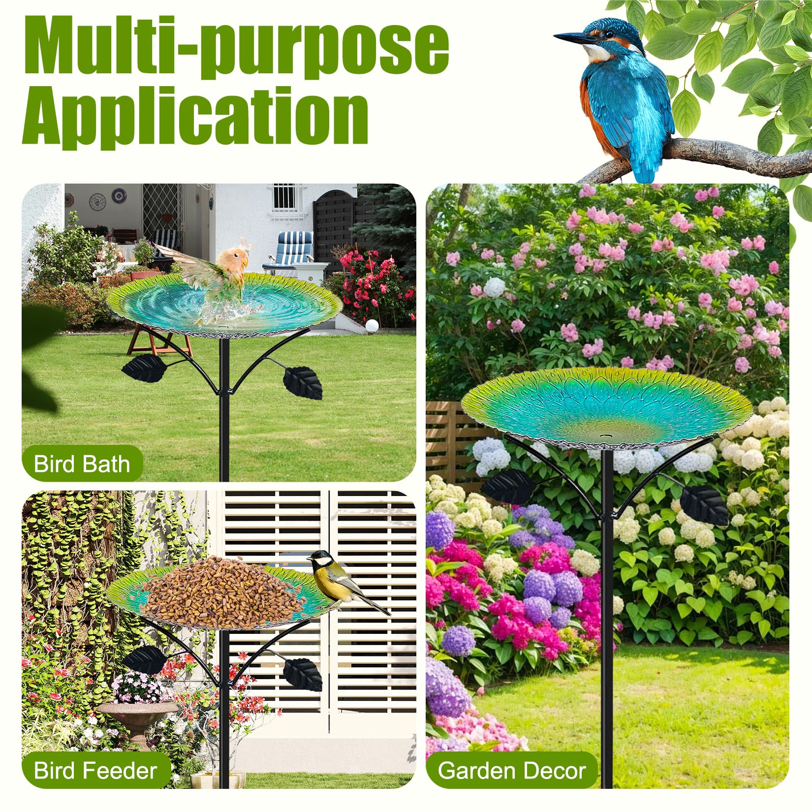 Forbabe Bird Bath Standing Large 24.5 x 83 cm Bird Bath Garden Standing Metal Water Bath for Birds, Green - Image 4