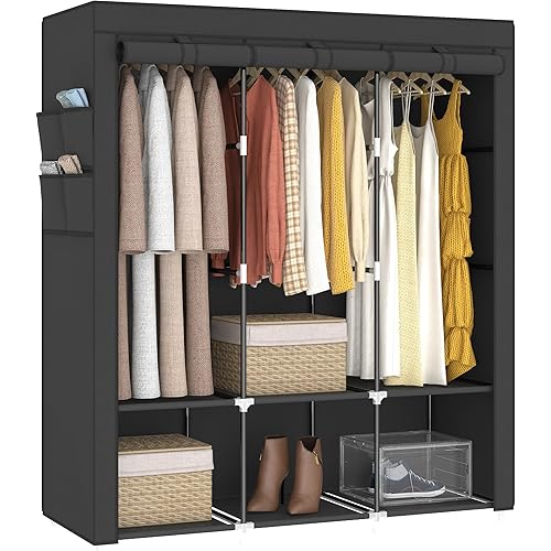 51 Inch Portable Closet Wardrobe for Hanging Clothes, Wardrobe Closet with Cover, 3 Hanging Rods, 4 Side Pockets, 6 Storage Shelves, Large Clothes Organizer for Bedroom, Living Room, Black