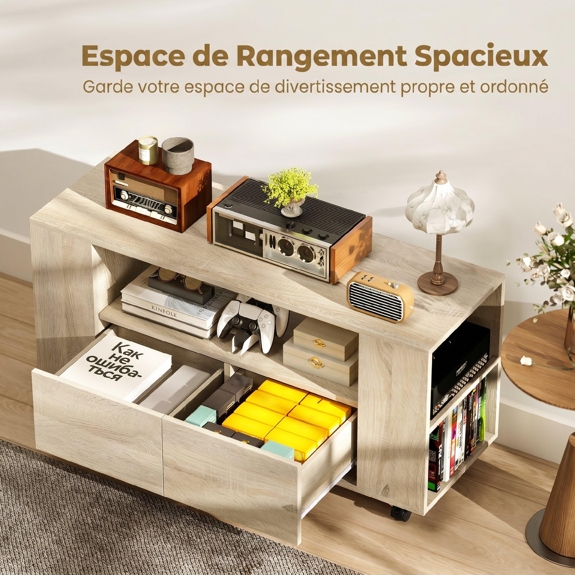 HOMCOM Meuble TV sur roulettes 102 cm, Meuble télé pour téléviseur jusqu'à 42 Pouces avec 2 tiroirs, Compartiments Ouverts et étagères réglables, Banc TV pour Salon, Chambre à Coucher, Bois Naturel