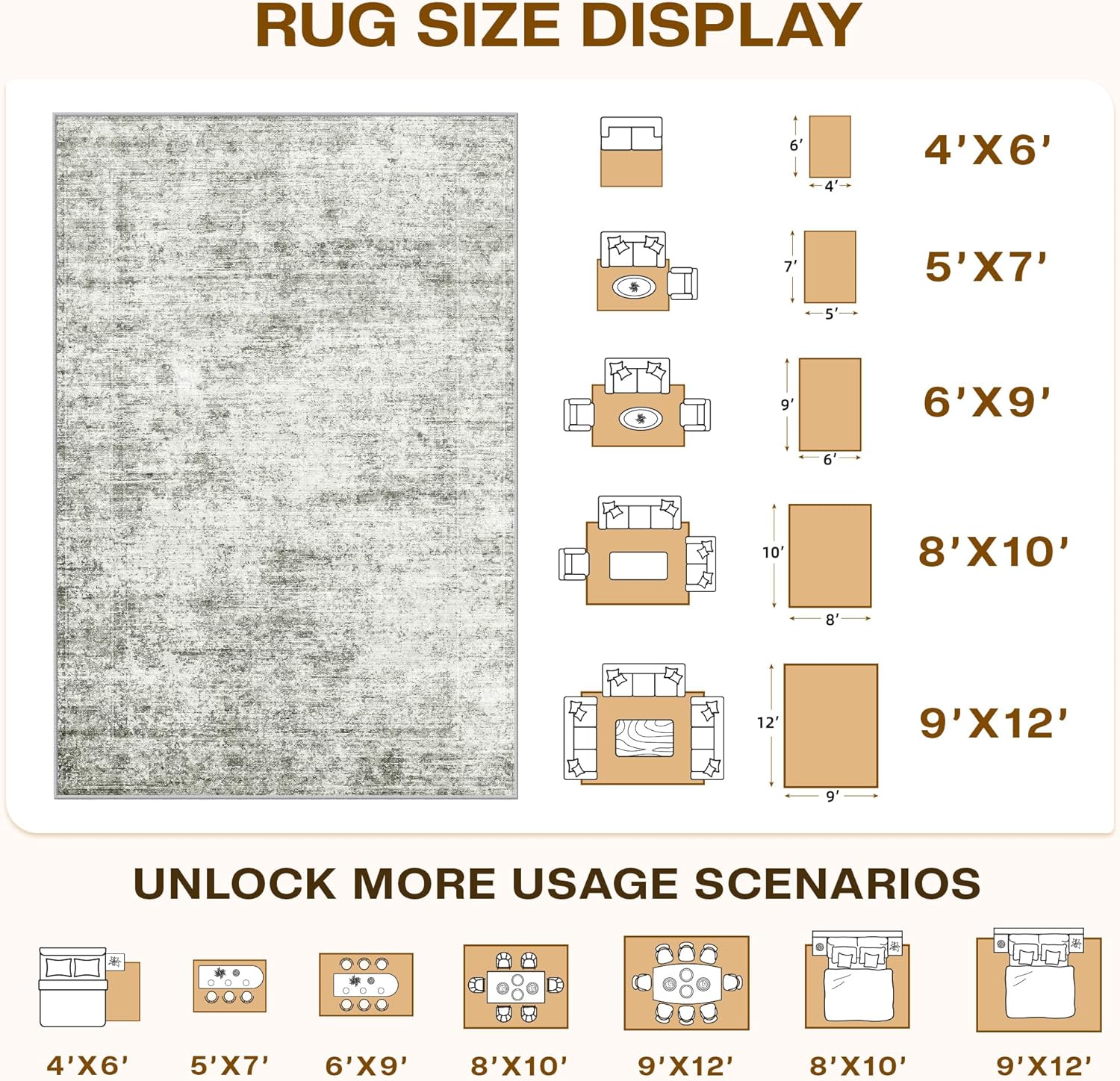 8x10 Washable Area Rug for Living Room Bedroom, Retro Printed Traditional Vintage Rug, Non-Slip Foldable Large Carpet for Dining Room Home Decor, Grey