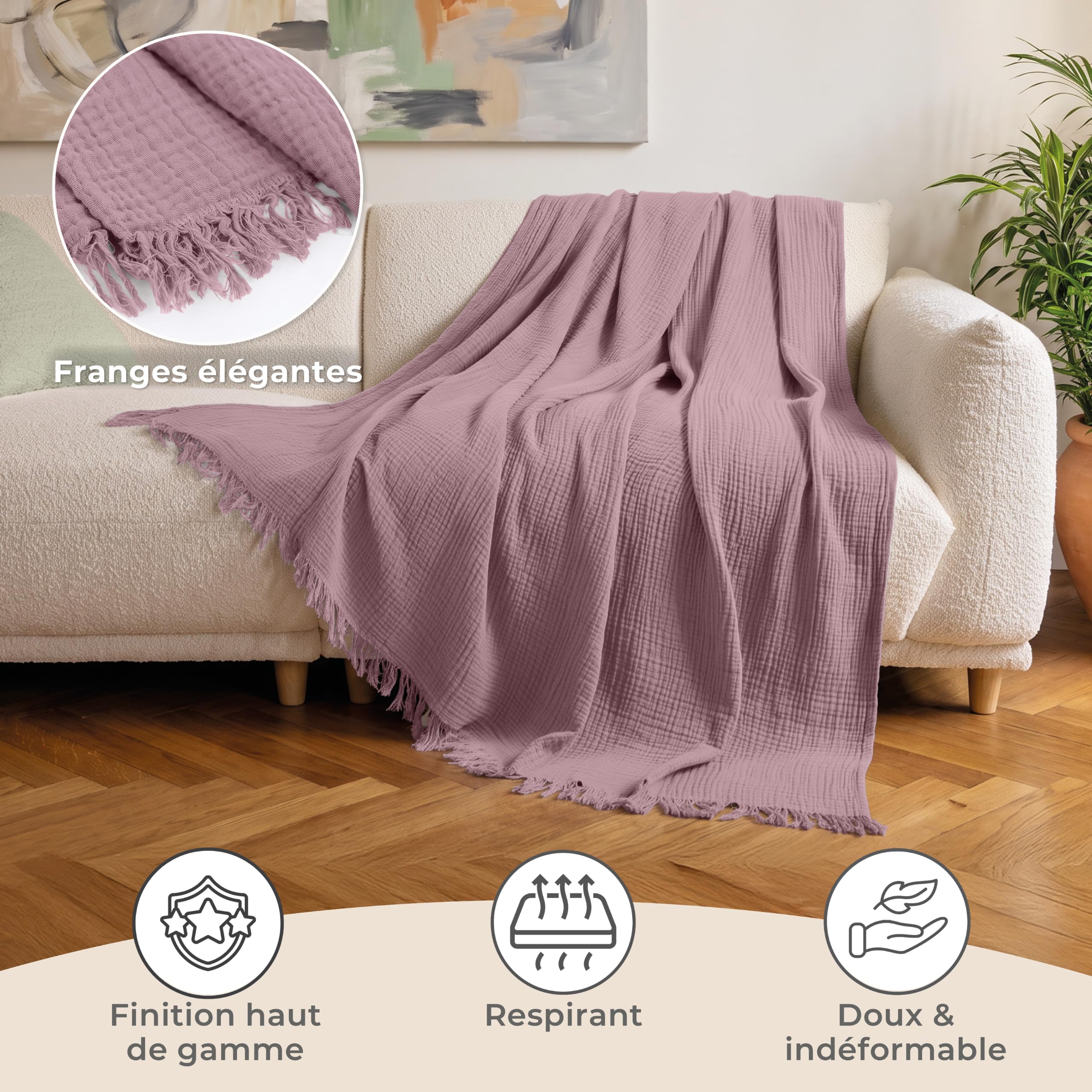LAYNENBURG Couverture en Mousseline 100% Coton avec Franges
