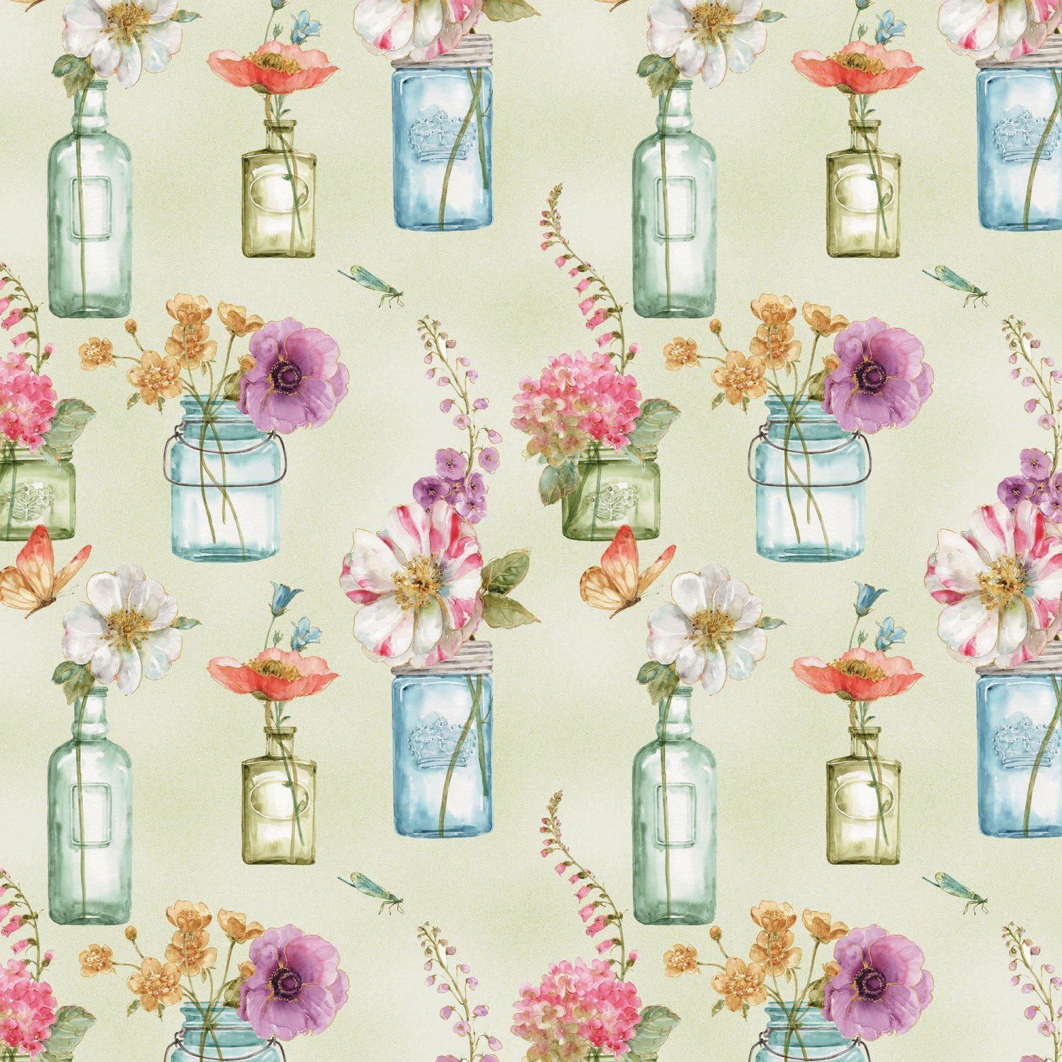 Floral Vases, Watercolor Pastels, Light Green Background, Rainbow Seeds, Wilmington Prints, Lisa Audit, By the Yard