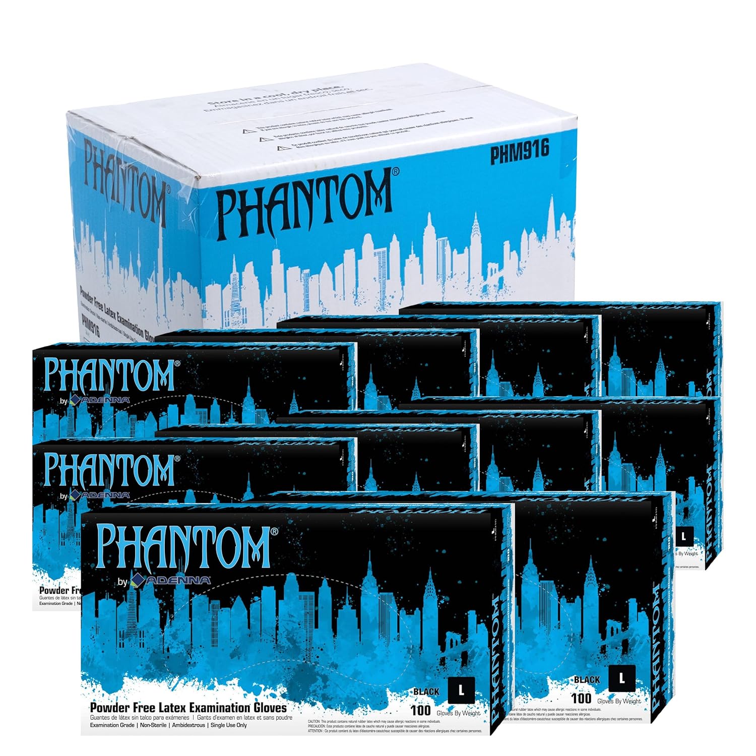 Adenna Phantom 6 Mil Latex Exam Gloves – Powder-Free, Textured Grip, Disposable, Medical Grade, Tattoo & Law Enforcement Use, Case of 1000, Large, Black