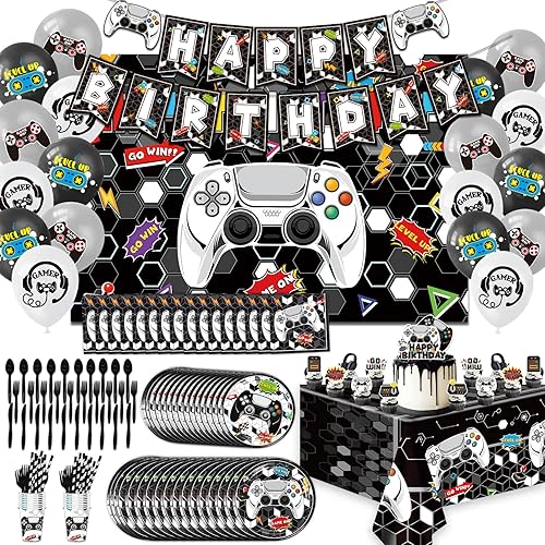 Suministros para fiesta de cumpleaños de videojuegos, 162 piezas de decoraciones de fiesta de videojuegos, incluyen pancartas, telón de fondo,