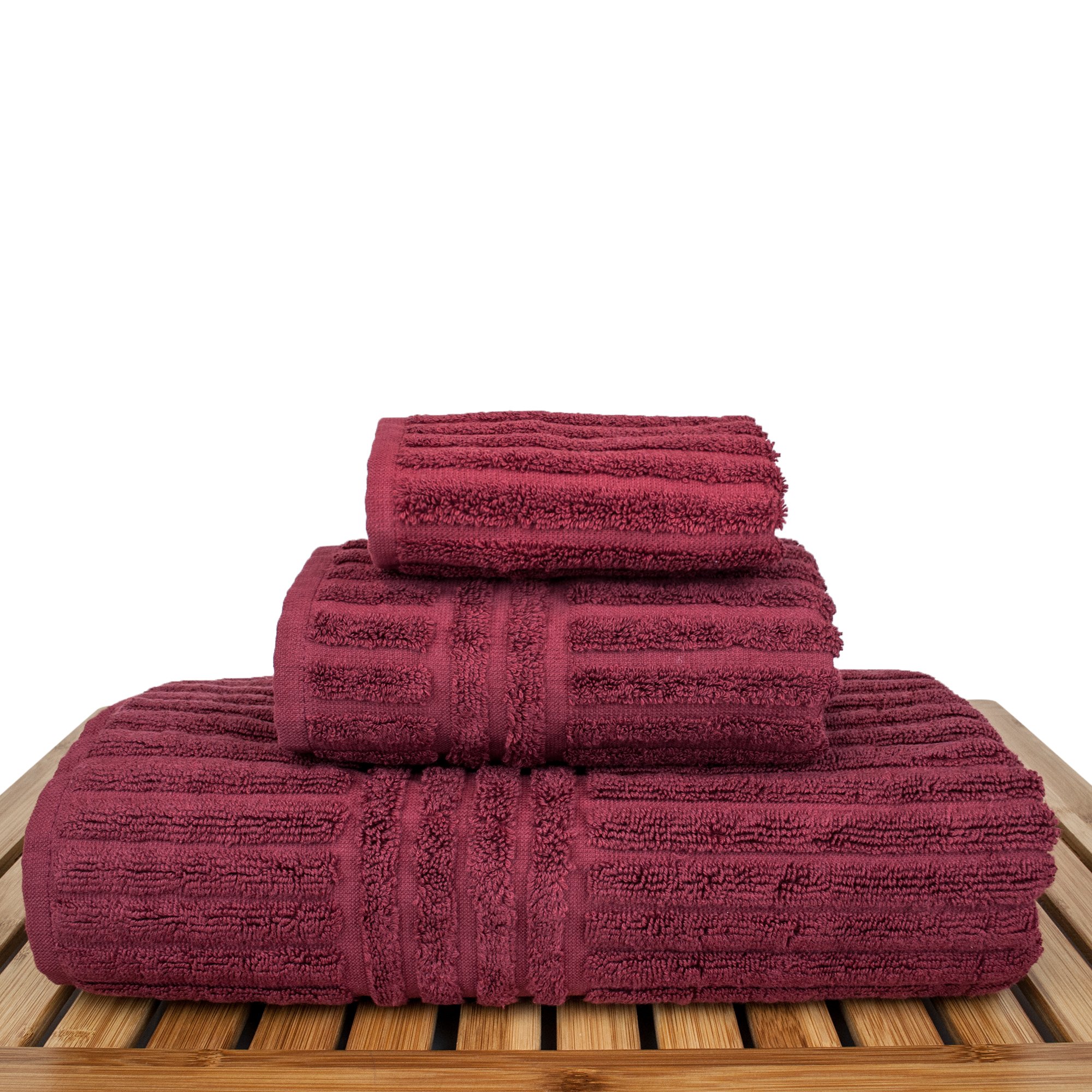 BC BARE COTTONTurkish Cotton Striped, Set of 3, Cranberry, Three Piece Towel Set