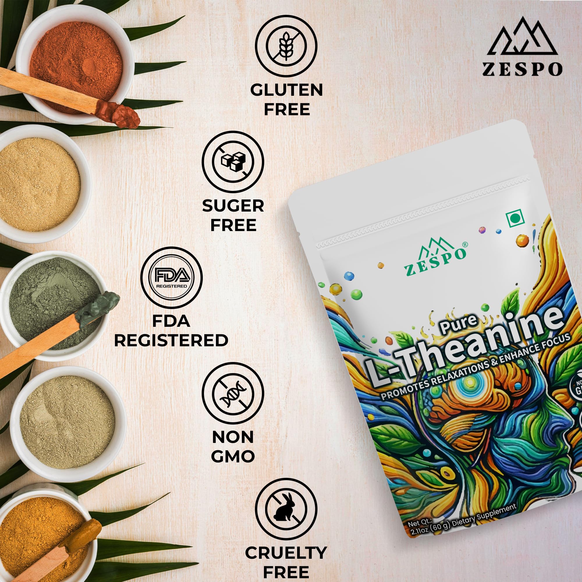 Zespo Organic L-Theanine Powder – 60g | Natural Calmness, Focus & Stress Relief | Organic Green Tea Extract | Vegan, Non-GMO | 240 Servings 2