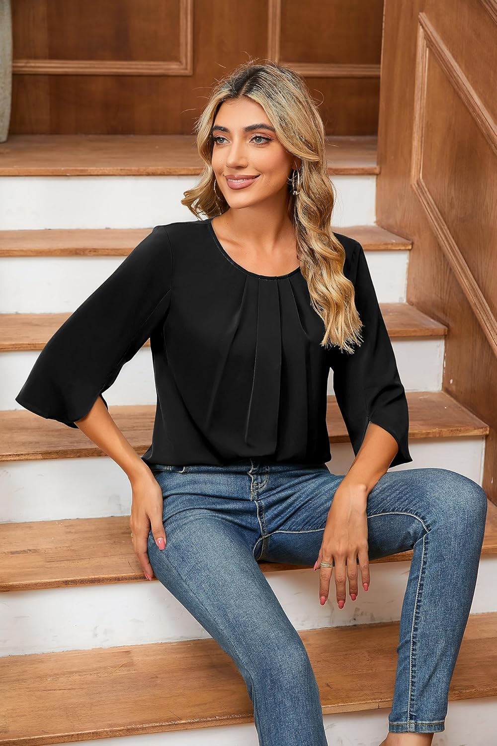 TASAMO Women Casual 3/4 Sleeve Scoop Neck Chiffon Blouse Spring Tops Office Wear - Image 6