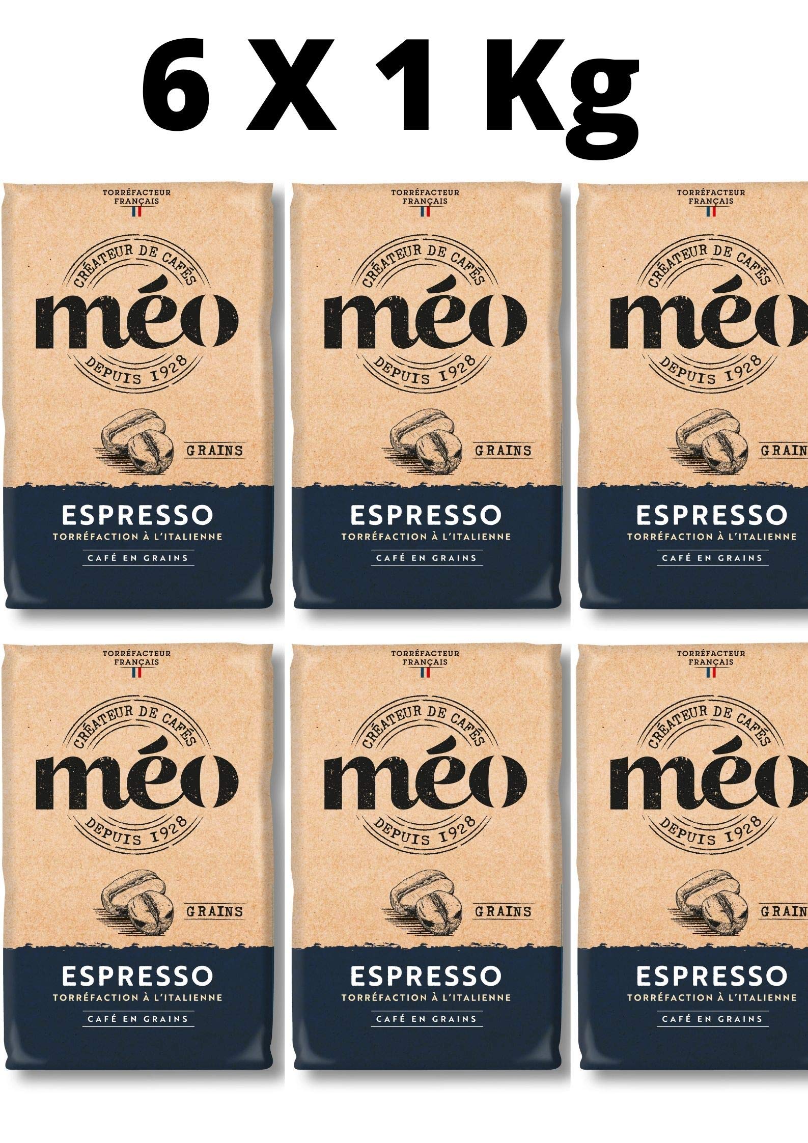 Café Méo en Fagioli Espresso - Tostatura Italiana - 6 Sacchi da 1 kg - Livello di Tostatura Scura