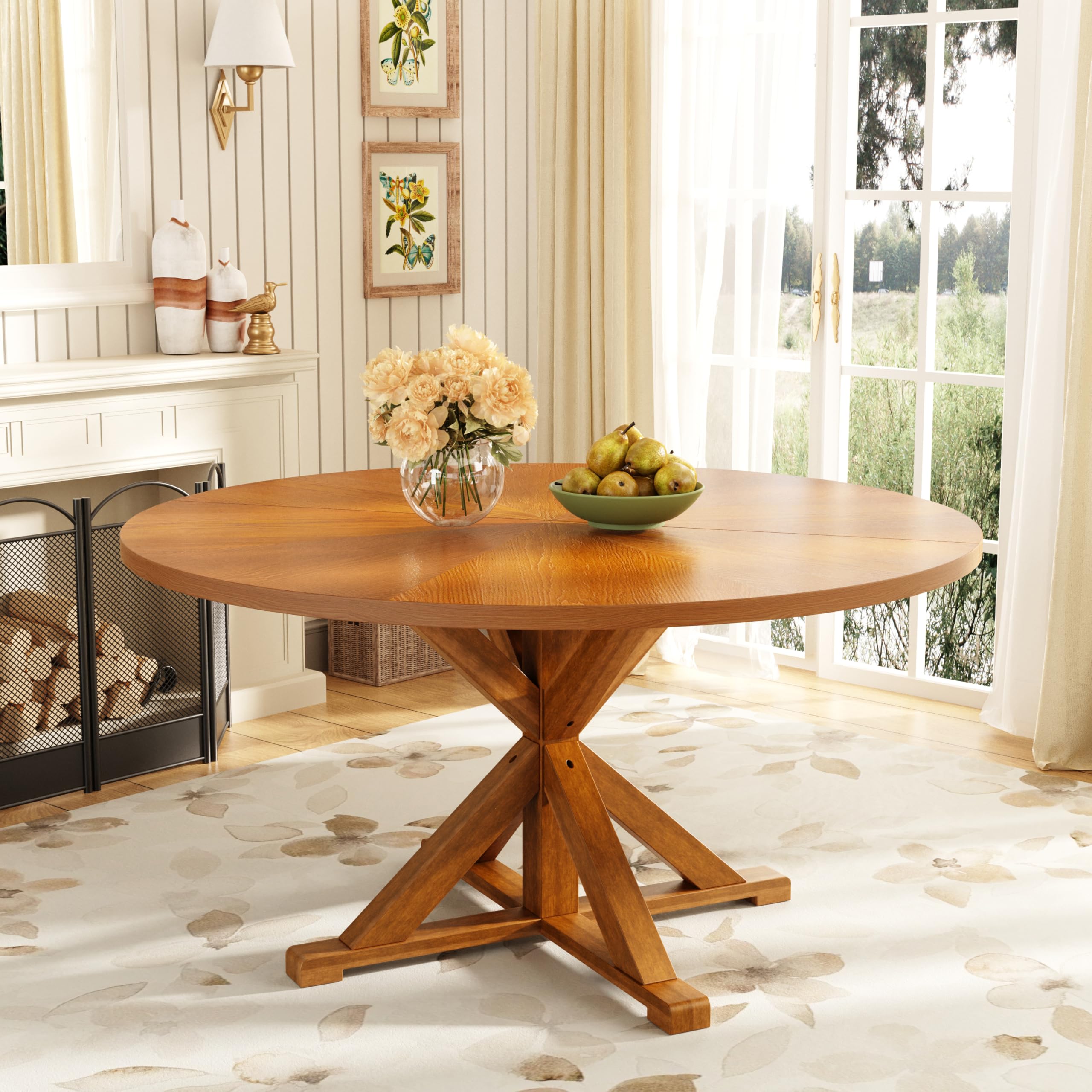 59" Solid Wood Round Dining Table for 6-8 People, Wooden Pedestal Base, Farmhouse Round Dining Room Table for Home Dining Room, Kitchen, Living Room